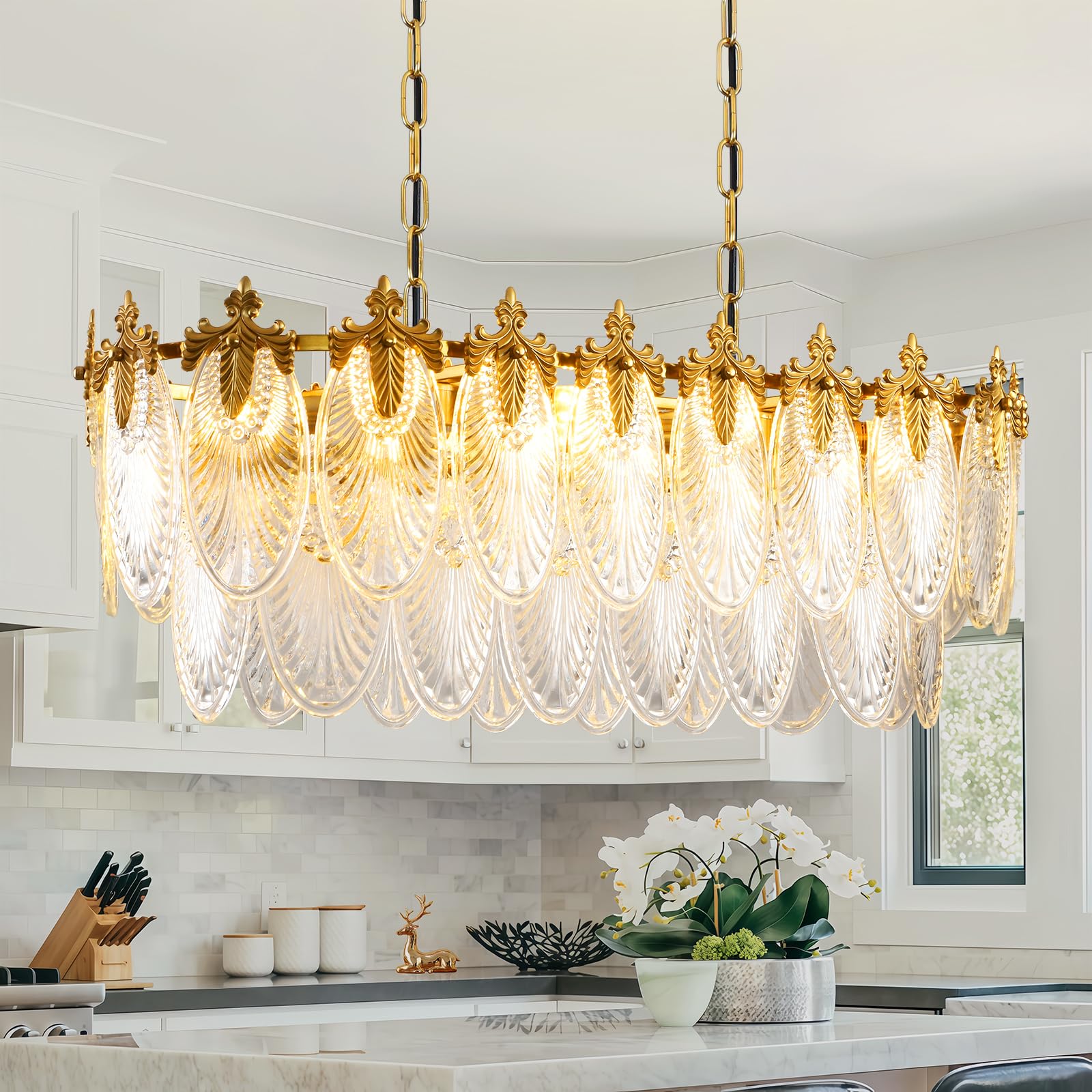 Keluoly Rectangular Crystal Glass Chandelier, L33.5'' Brass Gold Chandelier Lighting Fixture, Height Adjustable Oval Ceiling Pen