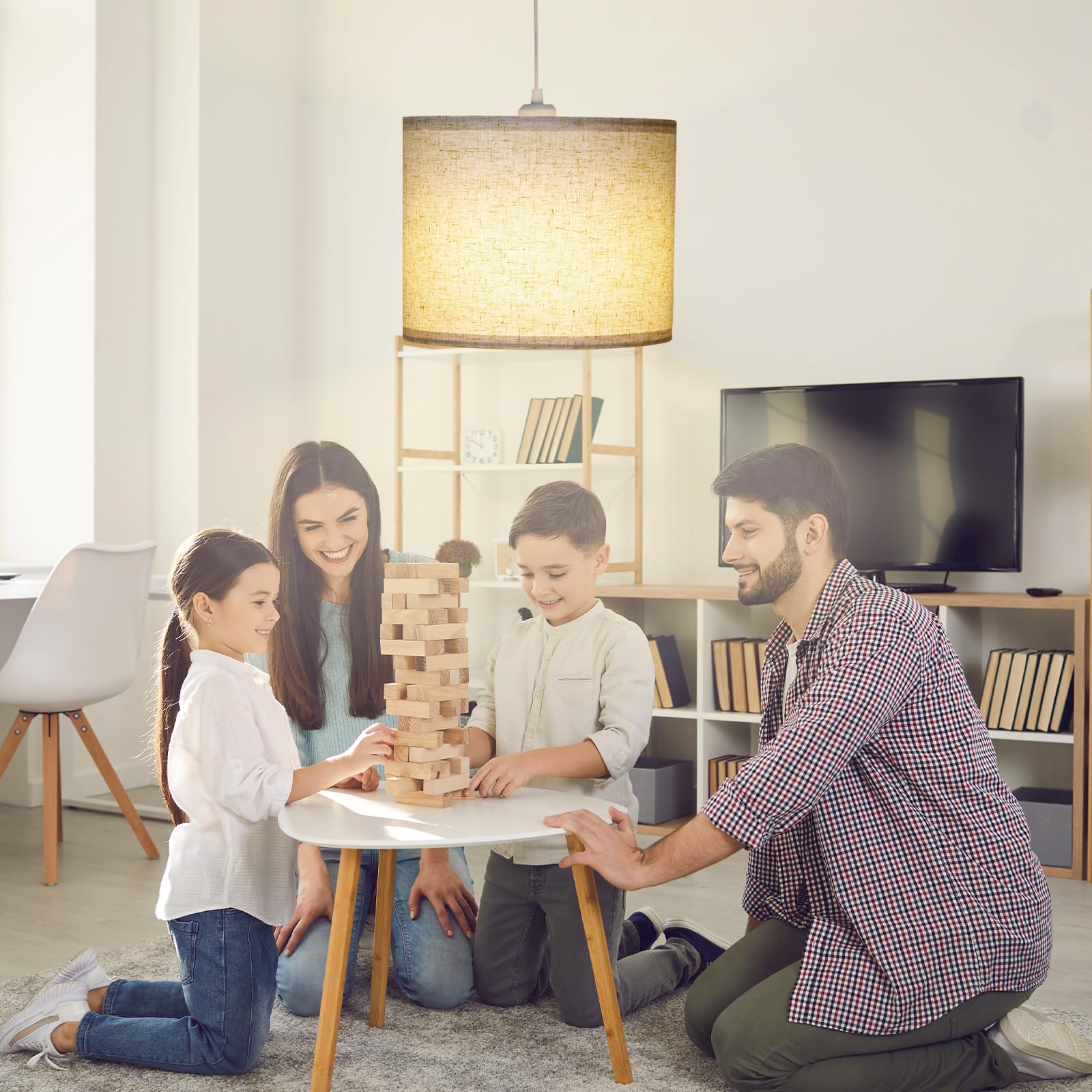 LALISU Plug-in Pendant Light with 15Ft Cord & On/Off Switch, Beige Linen Shade, Ideal for Living Room, Bedroom, Kitchen, Dining Room