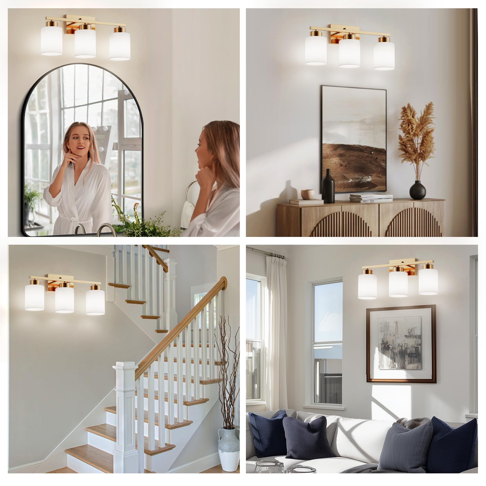 Partphoner 3-Light Brushed Gold Bathroom Light Fixtures  Modern Vanity Light Over Mirror Lighting  Wall Sconce With Frosted Milky White Glass Shades For Bedroom Living Room Kitchen Hallway