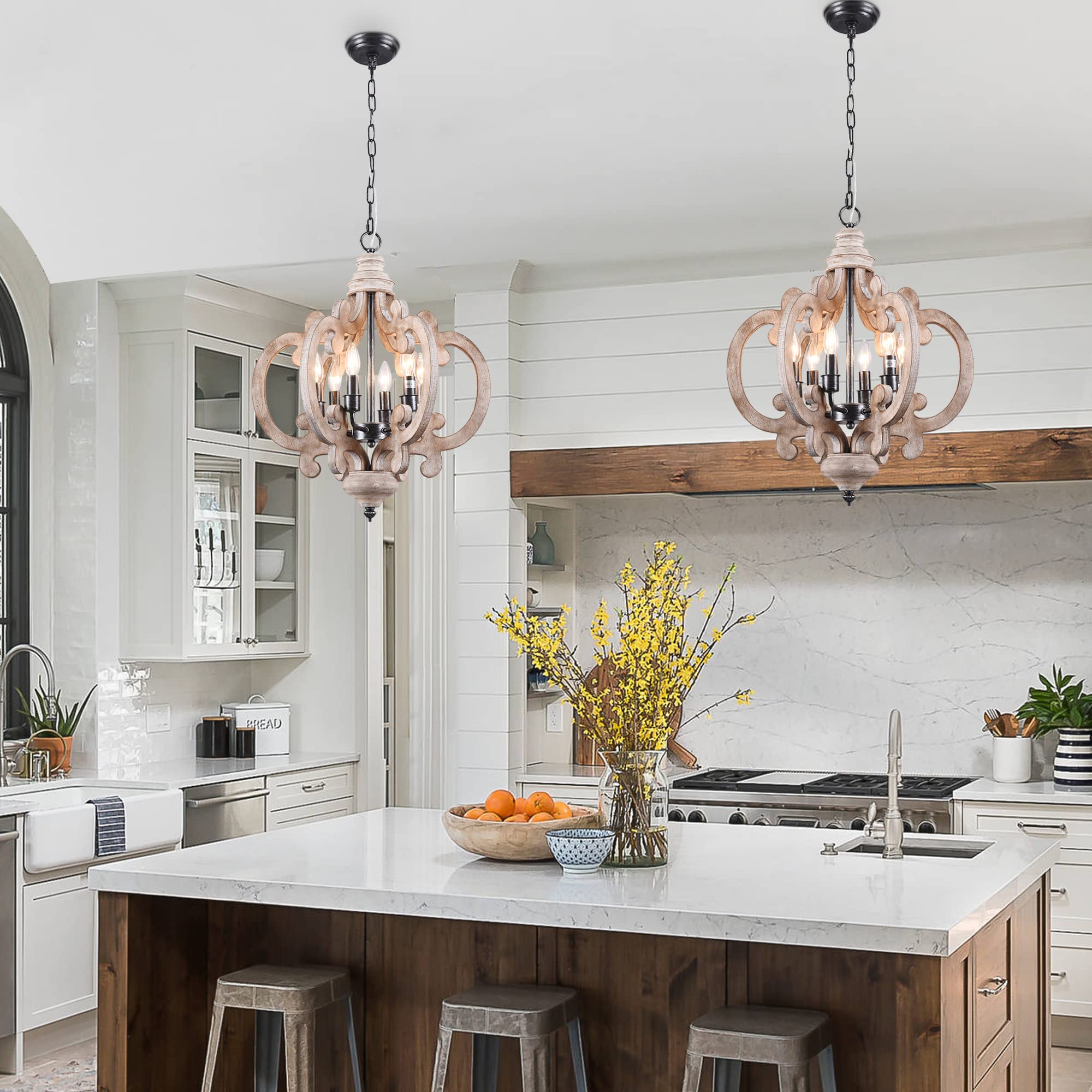 Chords Attic Farmhouse Wood Chandelier, Cottage Chic Crown Pendant Light, Weathered 6-Candle Rustic Light For Kitchen Island, Ha