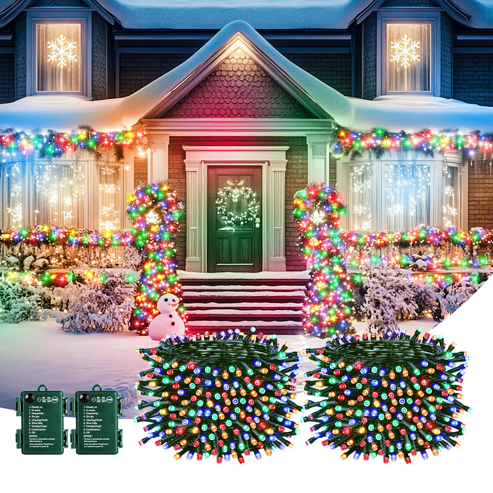 Brightown Outdoor Battery Operated Christmas Lights, 2 Pack 33FT 100 LED, Multicolor, Waterproof, with Timer, 8 Modes