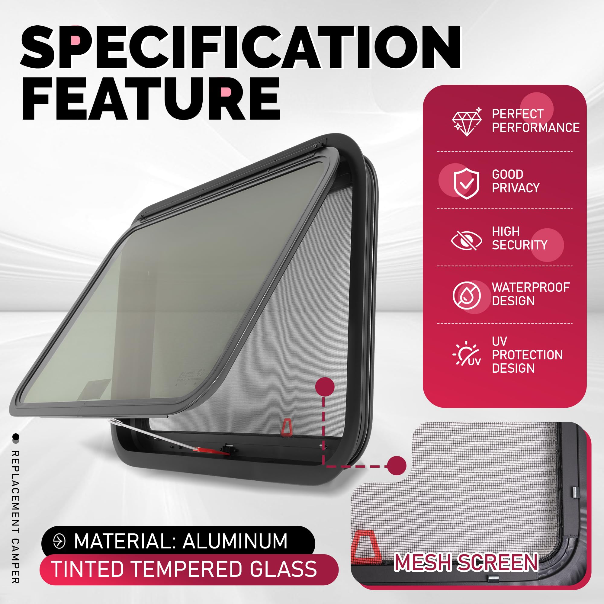WUTIST RV Exit Window 30"W x 20"H Push Out w/Screen & Trim Ring, Dark Tinted Aluminium Tempered Glass, Black Frame & Mesh Screen, Model GO-5158
