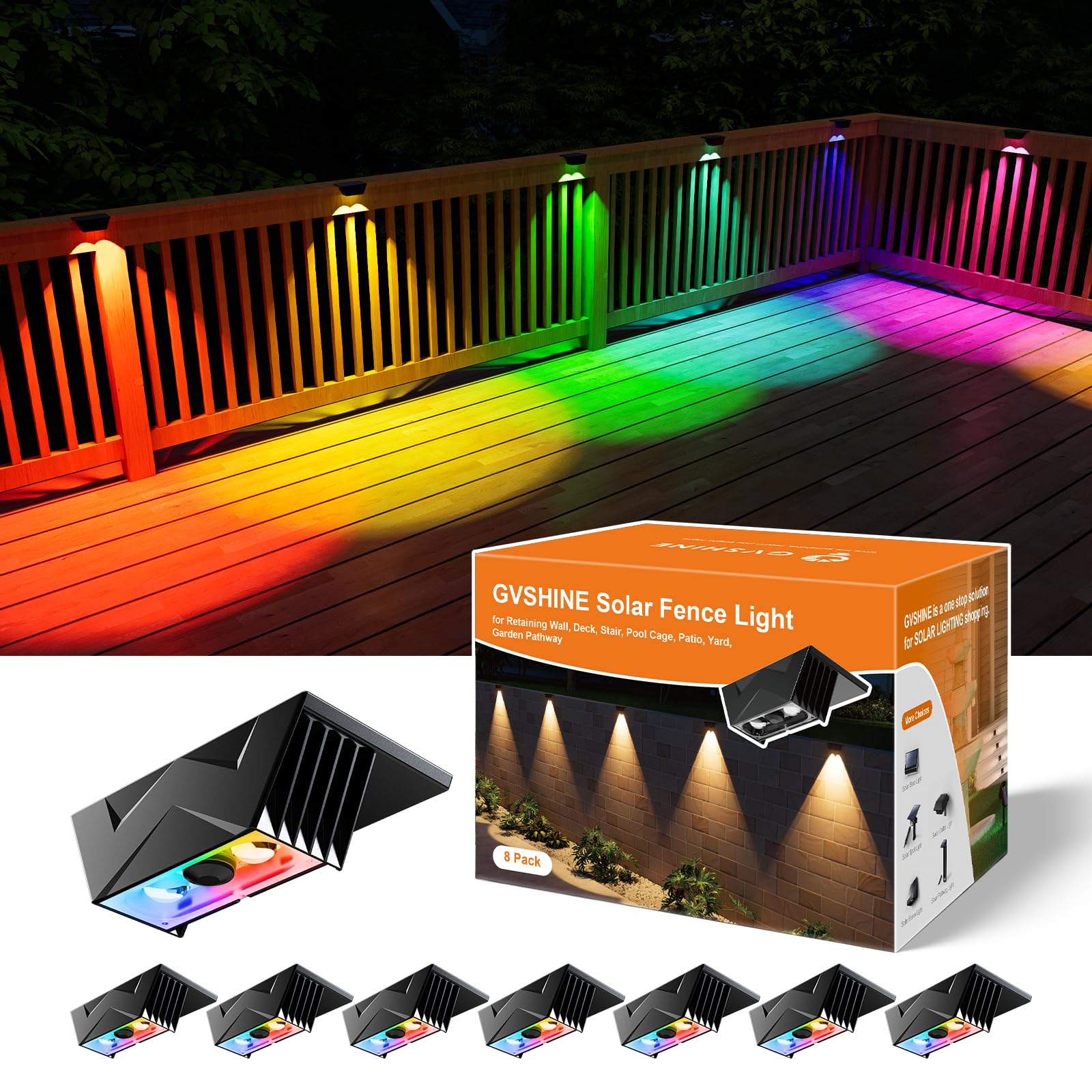 8 Pack Color Change Solar Fence Lights Outdoor for Deck  Railing  Stair  Retaining Wall  Waterproof Led Accent RGB Lamp Decorative Lighting with Spot Len for Patio  House  Pool Cage  Garden  Yard