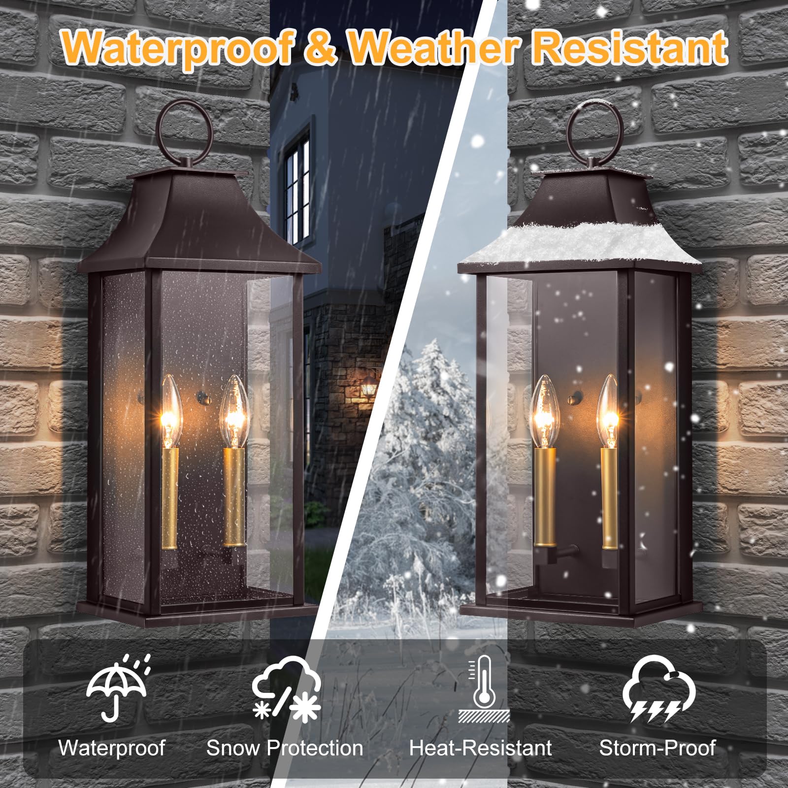Lawyettle Outdoor Wall Light, 20.6in Bronze Dusk to Dawn Sconce, 2-Light Waterproof Aluminum Lantern, Model XG7008O-W2BR