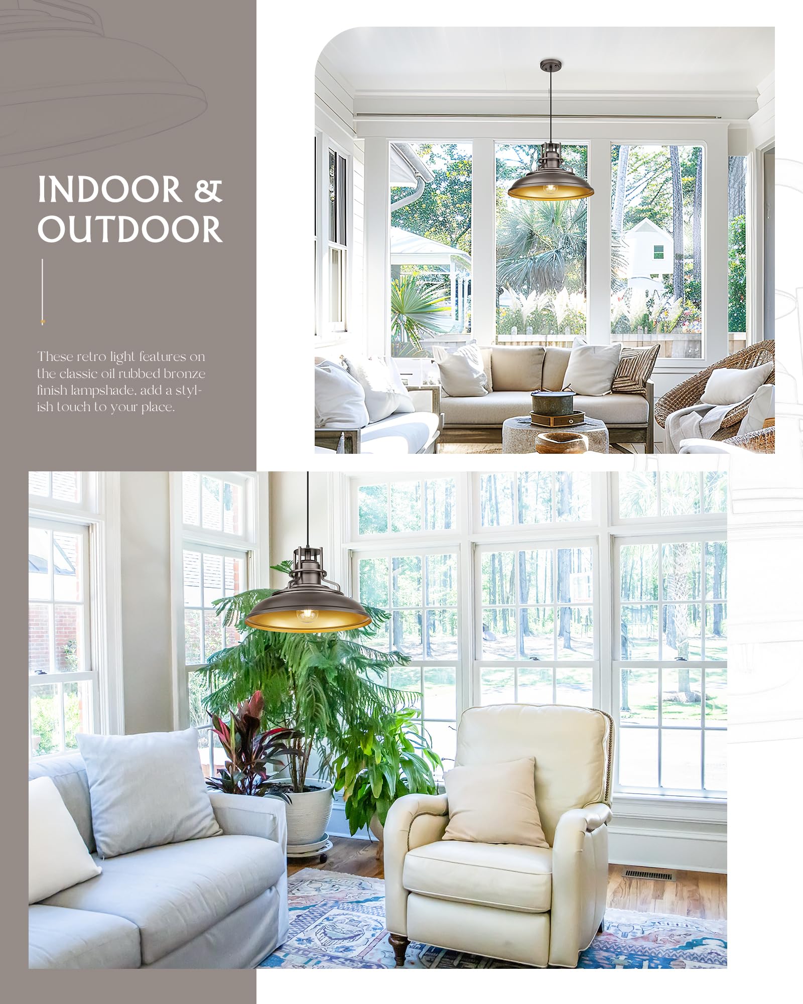 FEMILA 18" Outdoor Pendant Light, Farmhouse Hanging Fixture, Oil Rubbed Bronze, Adjustable Height, Model 4FY15-MP-L ORB