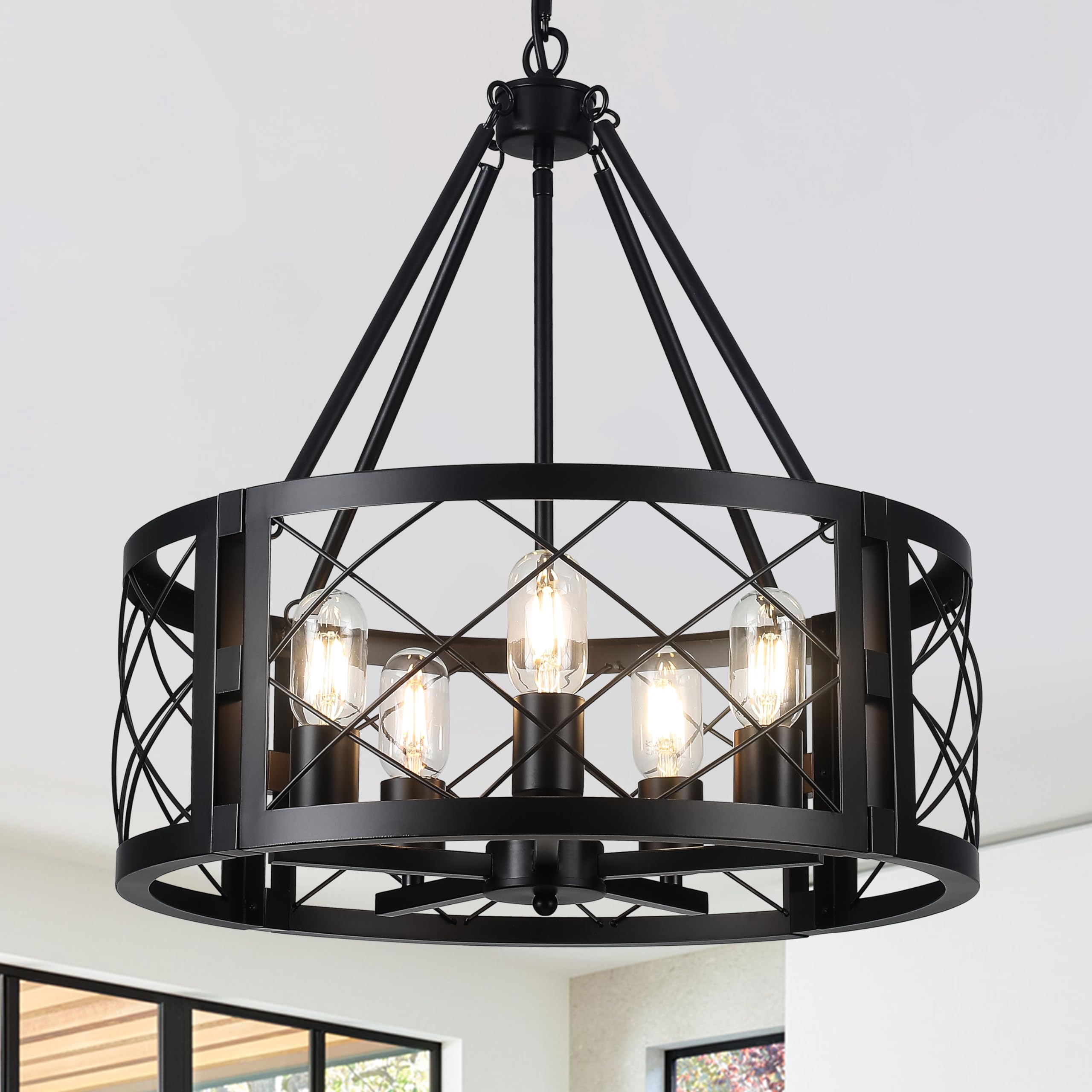 CWarmozy 5-Light Farmhouse Chandelier 19.8'' Black Rustic Chandelier for Dining Room Wood Texture Adjustable Pendant Light Fixtu