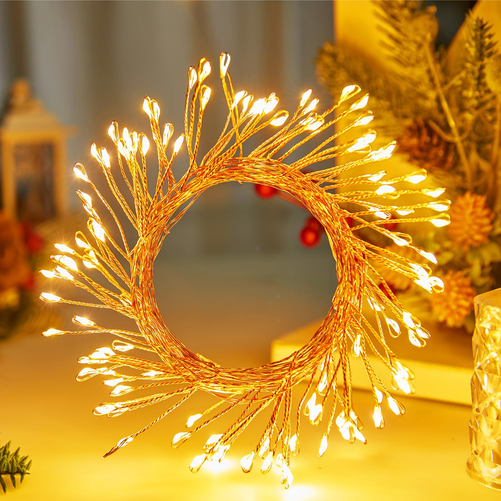 Outdoor Fairy Lights Battery Operated, 4 Pack Twinkle String Light with Remote, 5 Feet 60 LED Firecracker Starry Light for DIY Wreath Home Wedding Party Bedroom Mason Jar Holiday Christmas, Warm White