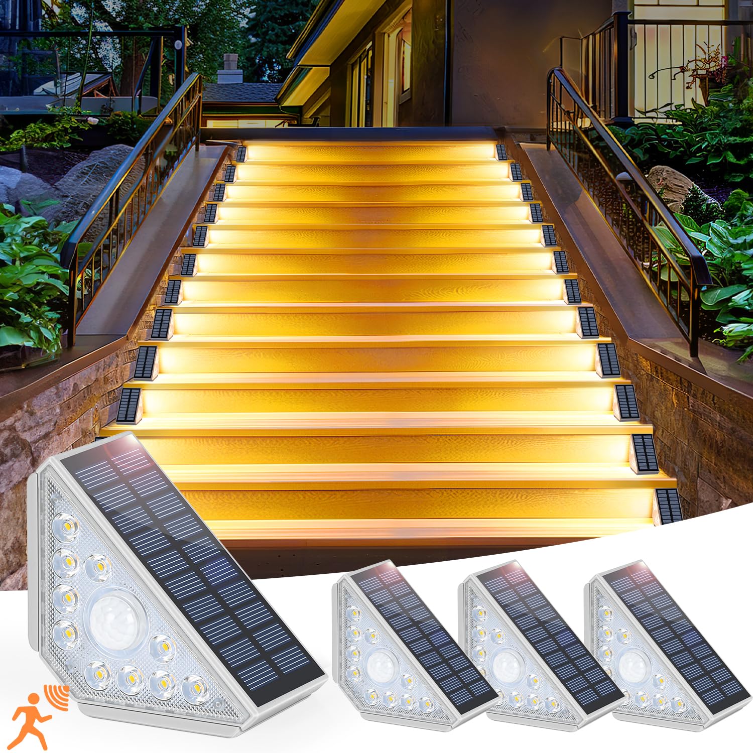 Kondras Motion Sensor Solar Step Lights for Outside, 4-Pack Outdoor Stair Lights Waterproof IP67, Solar Powered LED Outdoor Step