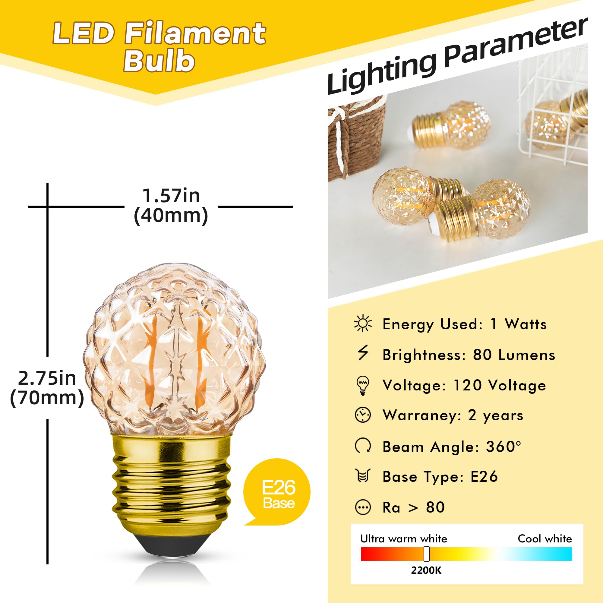 Grensk E26 Amber Small Led Light Bulbs,1W Small Edison Bulb,10 Watt Incandescent, Low Watt Decorative Light Bulbs 2200K Warm White Pineapple Shaped For Outdoor Light Strings,Non-Dimmable,Glass,2-Pack