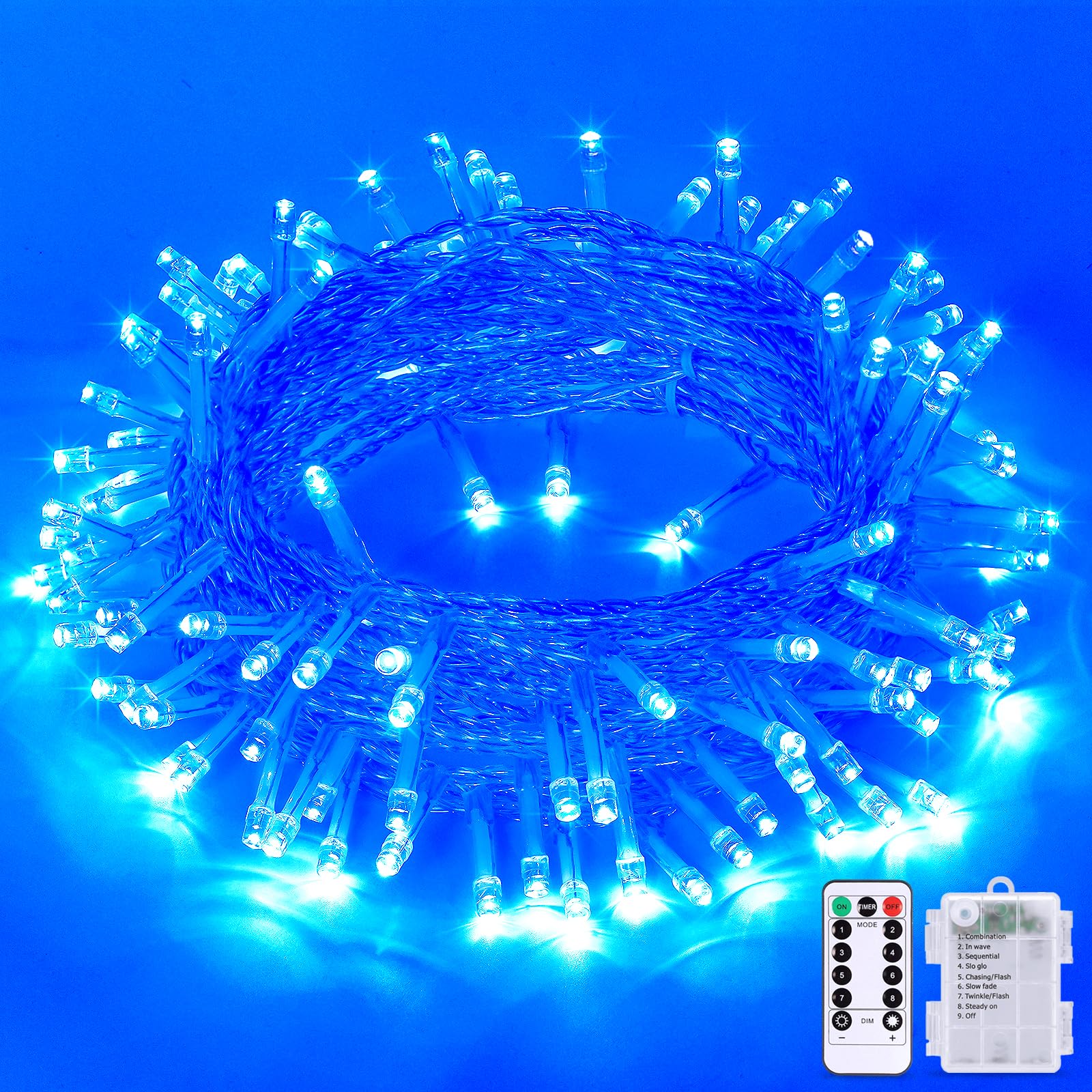 Jmexsuss 33Ft 100 Led Blue Battery Operated Christmas Lights, Waterproof With 8 Modes For Indoor/Outdoor Decor