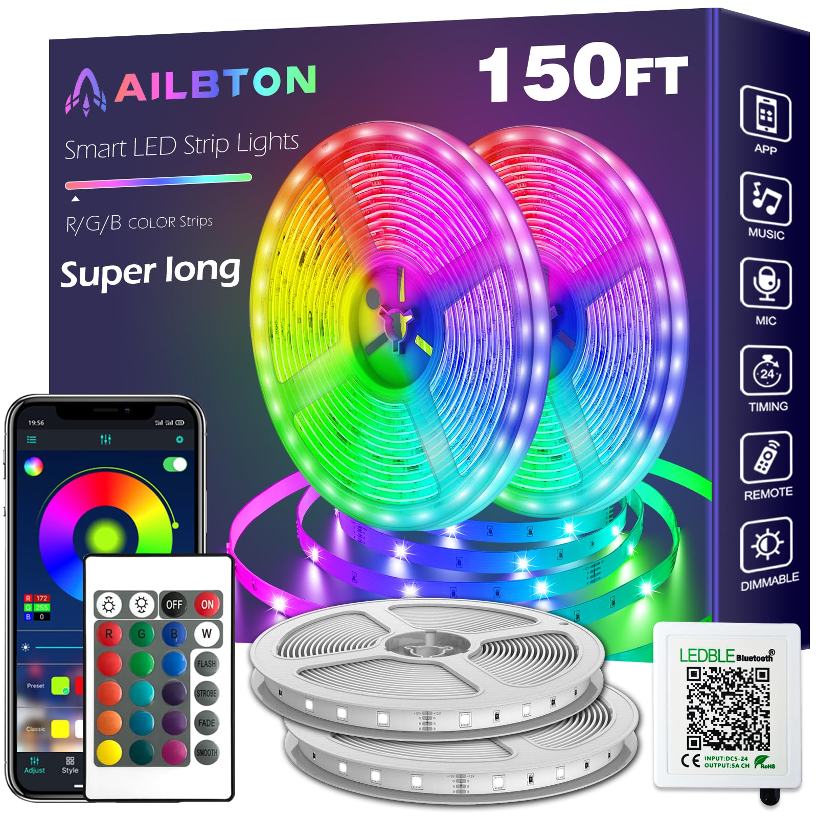 AILBTON LED Strip Lights, 150ft (2x75ft), RGB Color Changing, Music Sync, App & Voice Control, Plastic, Model DT2-60, Multicolor