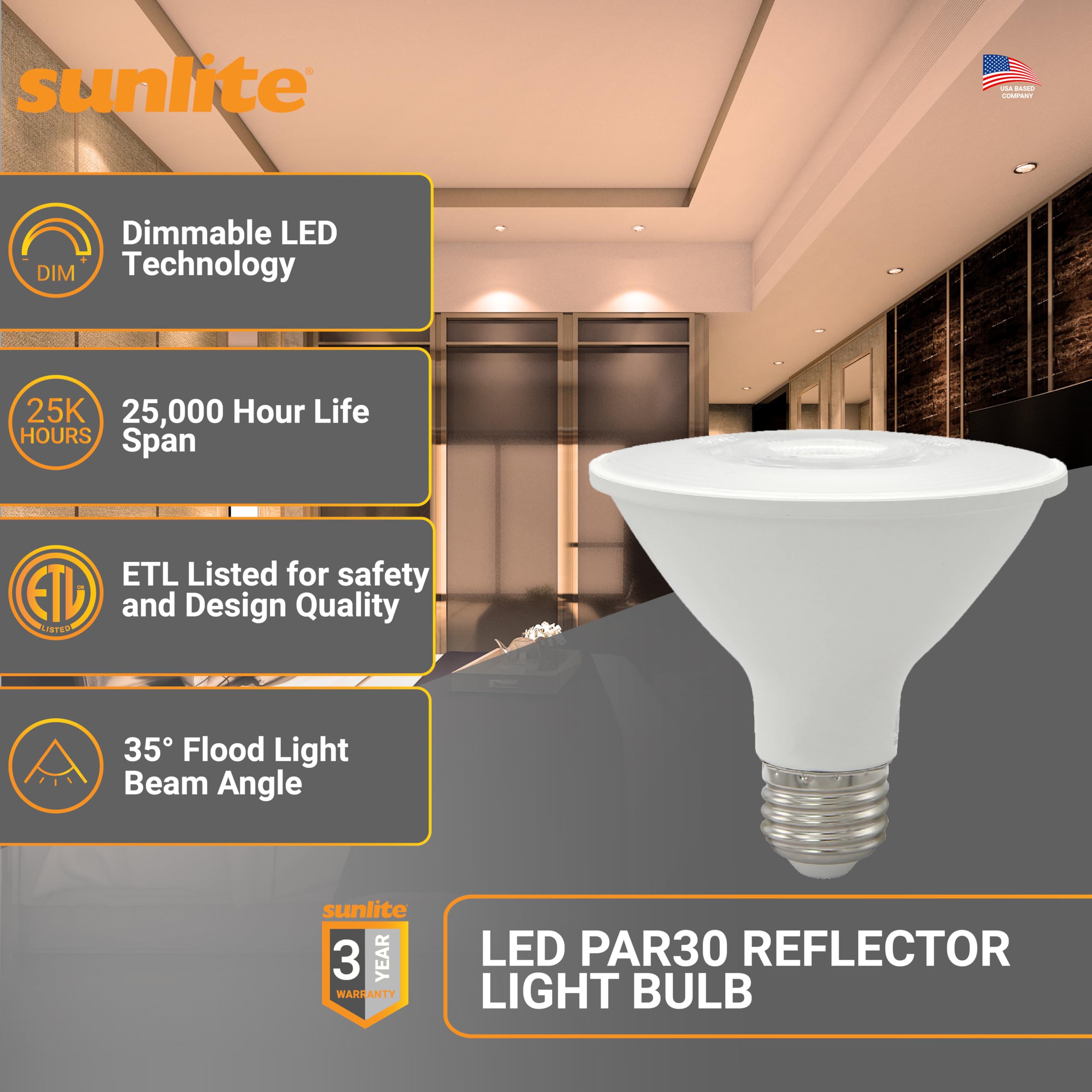 Sunlite Reflector Par30 Led Bulb  Spotlight  9W (75W=)  750 Lmns  Medium E26 Base  90 Cri  Dimmable  Decorative Track Lighting Use  Etl  Title-20 Compliant  Bulk  24 Pack  27K-Soft White