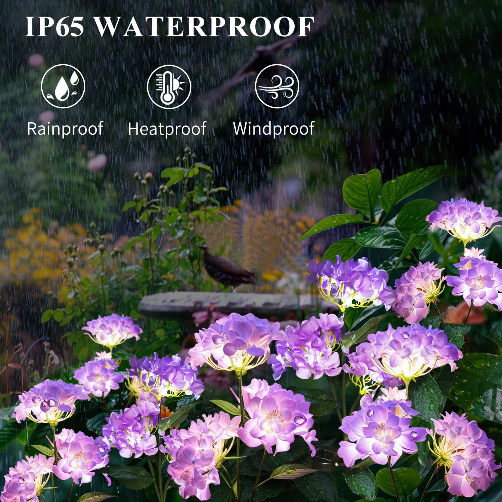 Yaodema Garden Lights Solar Flower Light, Led Solar Powered Outdoor Light Decor For Path Yard Walkway Patio Balcony Lawn, Hydrangea Artificial Flower (Purple, 2)