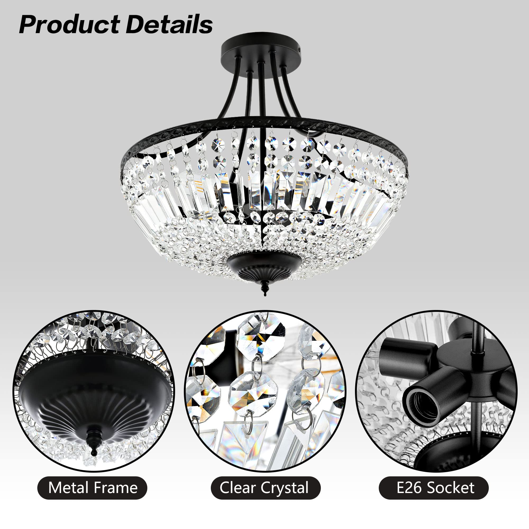 WINGBO 19.5" Black Crystal Ceiling Light Fixture, 5-Light Raindrop Chandelier for Living Room, Bedroom, Hallway, Modern Semi Flush Mount