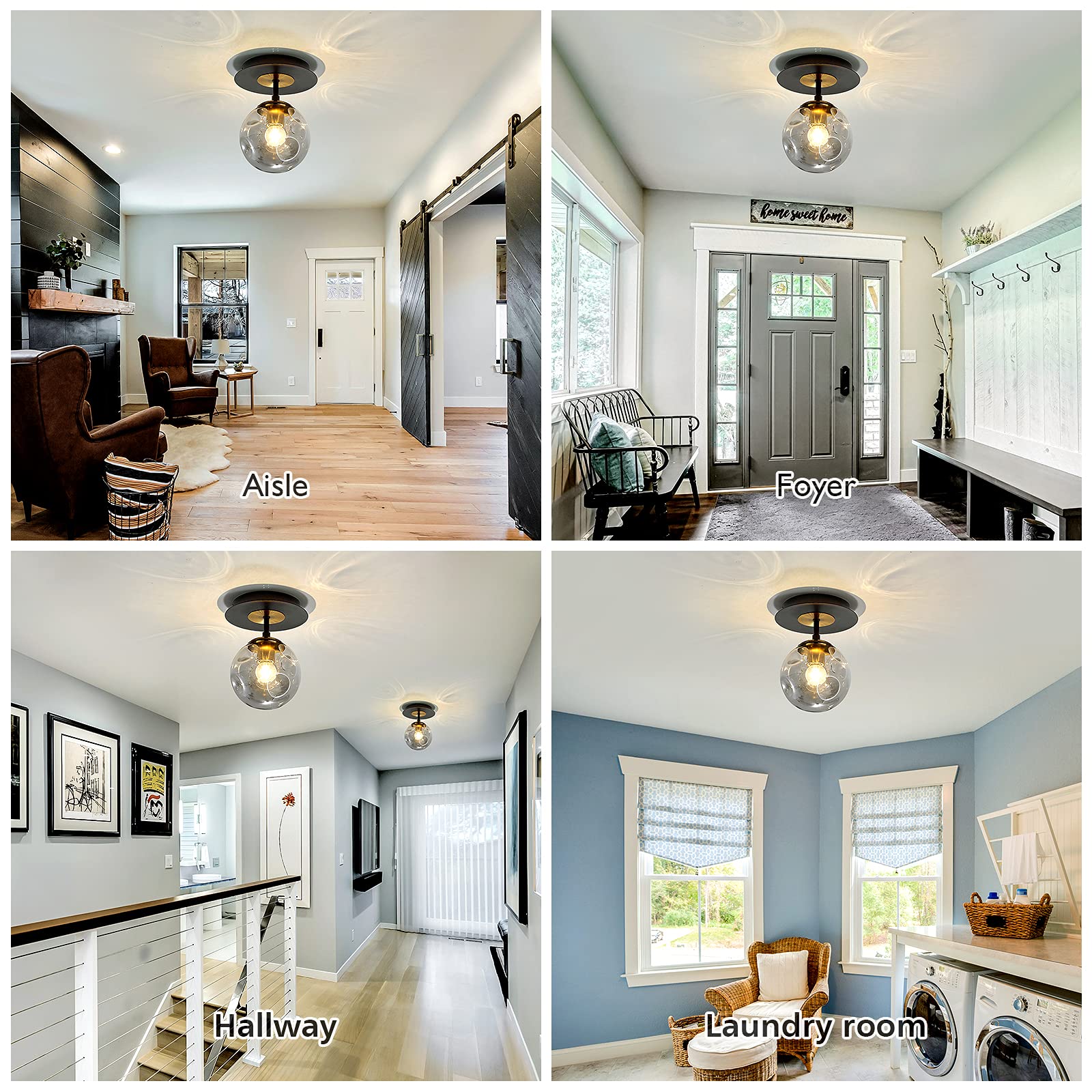 Szxykeji 1-Light Mini Glass Globe Ceiling Light, Modern Black Flush Mount Fixture For Hallway