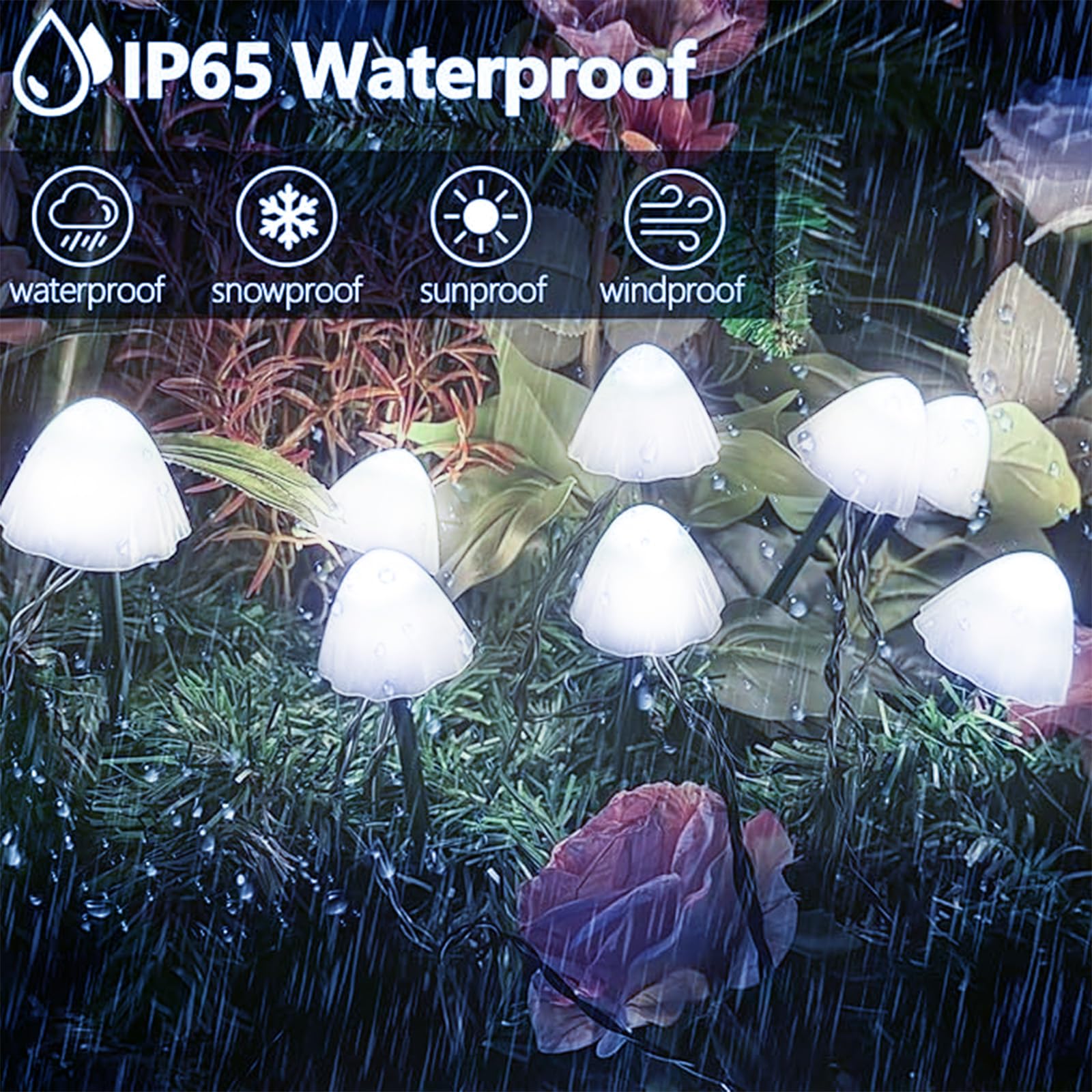 OZS Solar String Lights 32LED 55FT 2 Pack Waterproof with 8 Lighting Modes Mushroom-Cool White for Garden Pathway Decor
