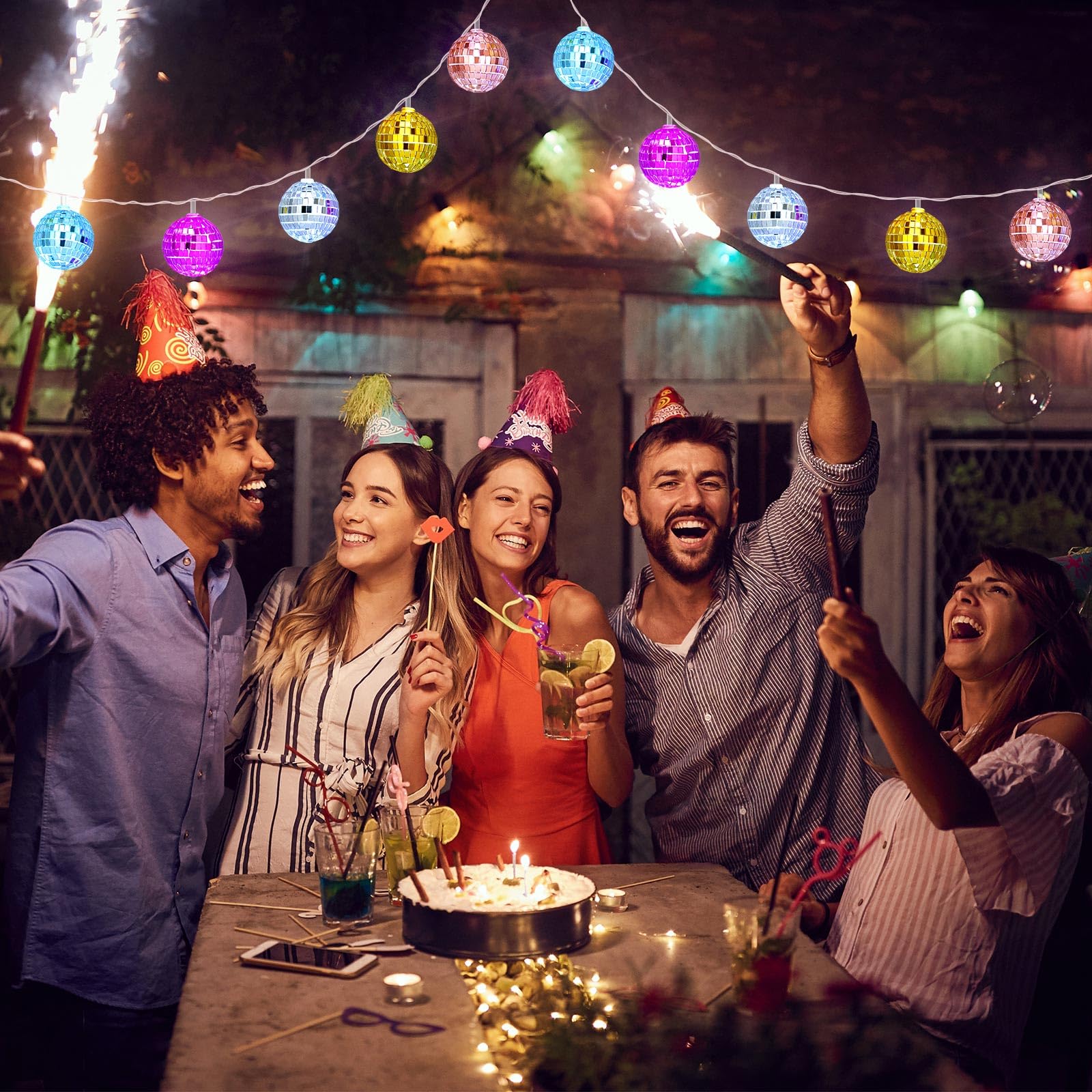 BBTO LED Disco Ball String Light, 10 Pcs, 2 Inch, Battery Powered, Vivid Color, Model BBTO-Disco Ball-90