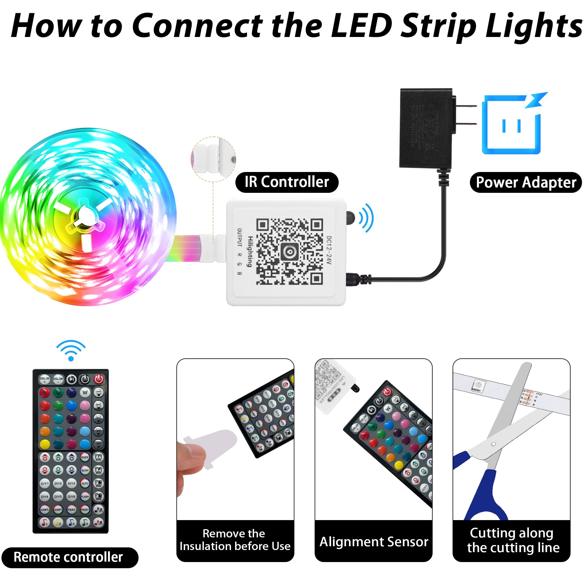 Ledagic 100ft RGB LED Strip Lights with Music Sync, Remote & App Control - Color Changing - White - Model: Led-rgb001-1