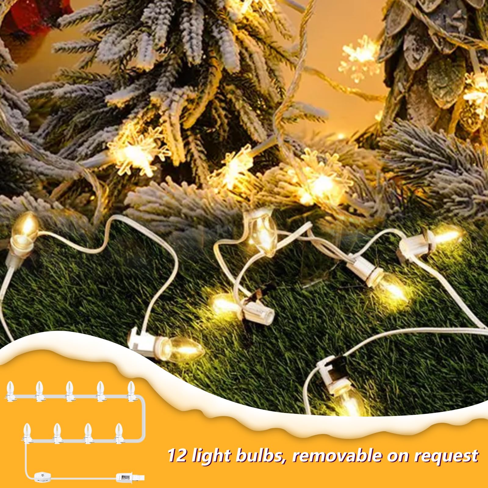UAUSE Christmas Village LED Light Bulb C7 Cord Clip Lights, 177in White Plastic, Model UAU-12T, 12 Bulbs for Holiday Decoration