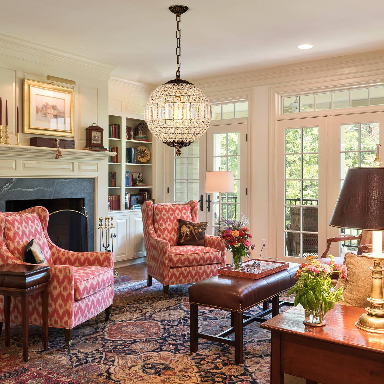 Huoku Antique Crystal Globe Chandelier, 11.8'' Adjustable Crystal Sphere Classic Pendant Light Fixture For Living Room Kitchen I