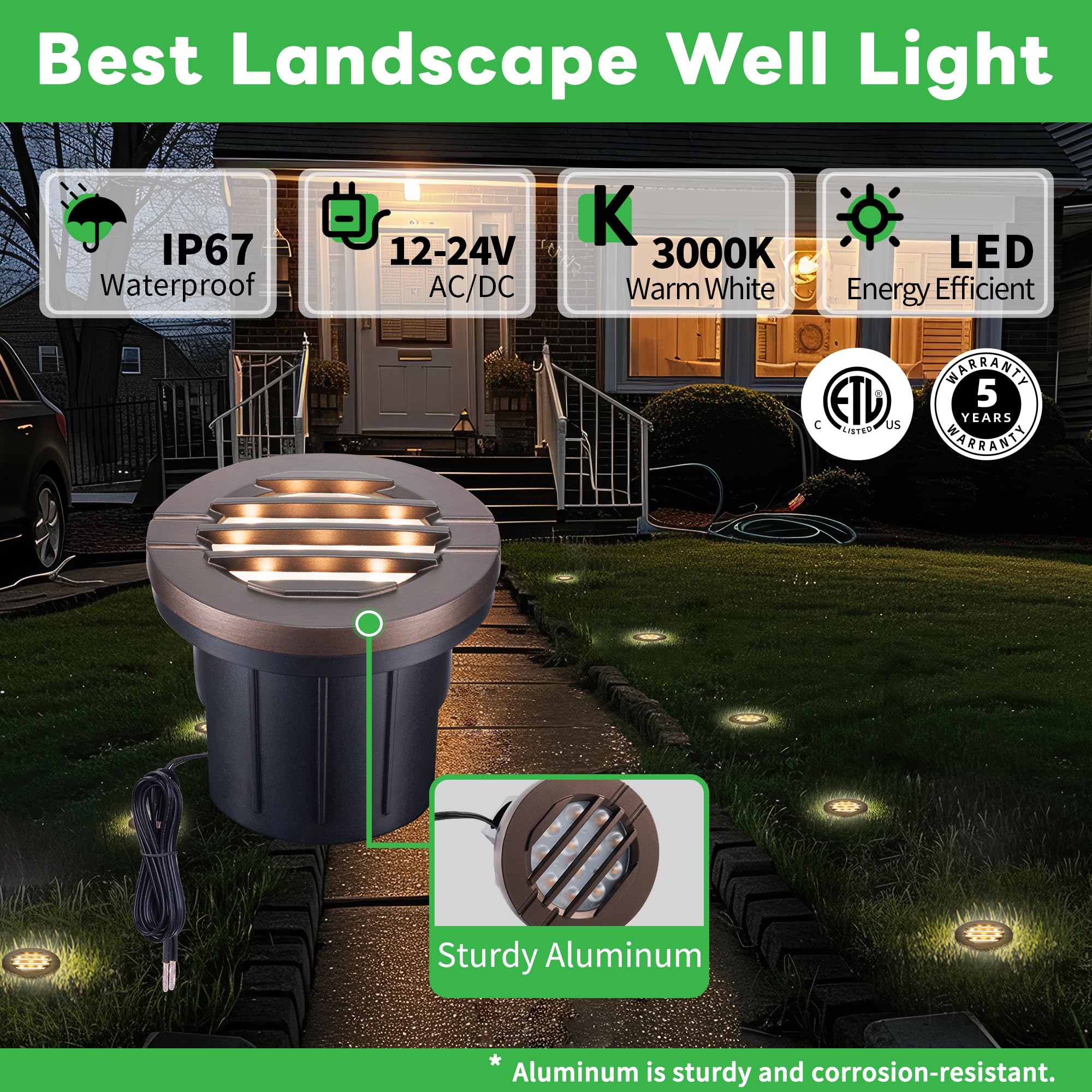 Varmtalys Led Well Light Kit, 6 Pack Low Voltage In Ground Landscape Lights And 100W Transformer And 100Ft Cable And 30 Wire Con