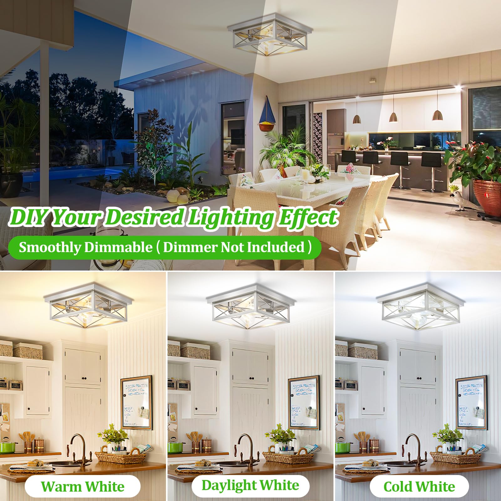 Kondras Brushed Nickel 2-Light Flush Mount Ceiling Lights, Metal, 2-Pack, Square Design for Bedroom, Living Room, Entryway