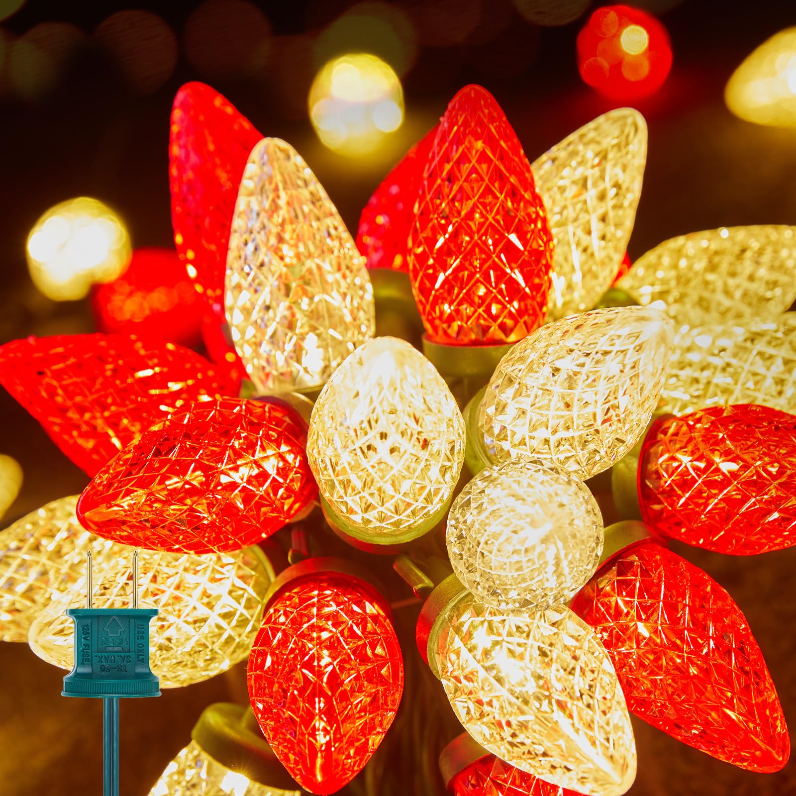 Brightown Red and Warm White C9 LED Christmas String Lights, 33ft 50 LED Waterproof Strawberry String Lights, Plug-in Extendable