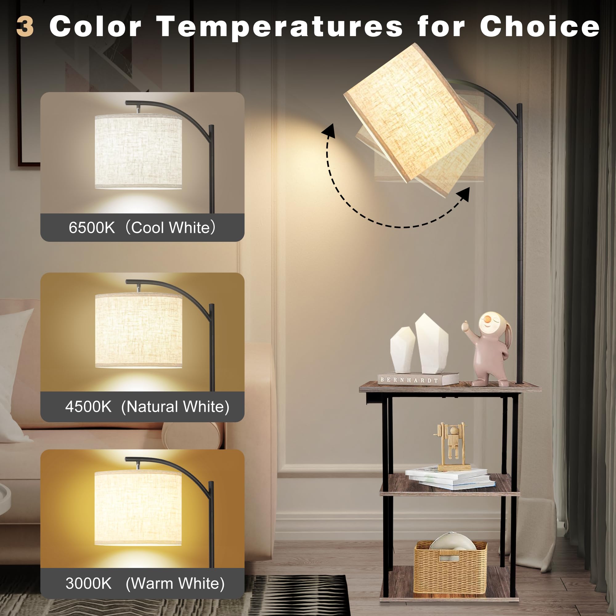 Pesrae Floor Lamp With Table,Lamps For Nightstand With Charging Station(Usb & Type-C & Ac Port), 3 Color Temperatures 9W Led Bul