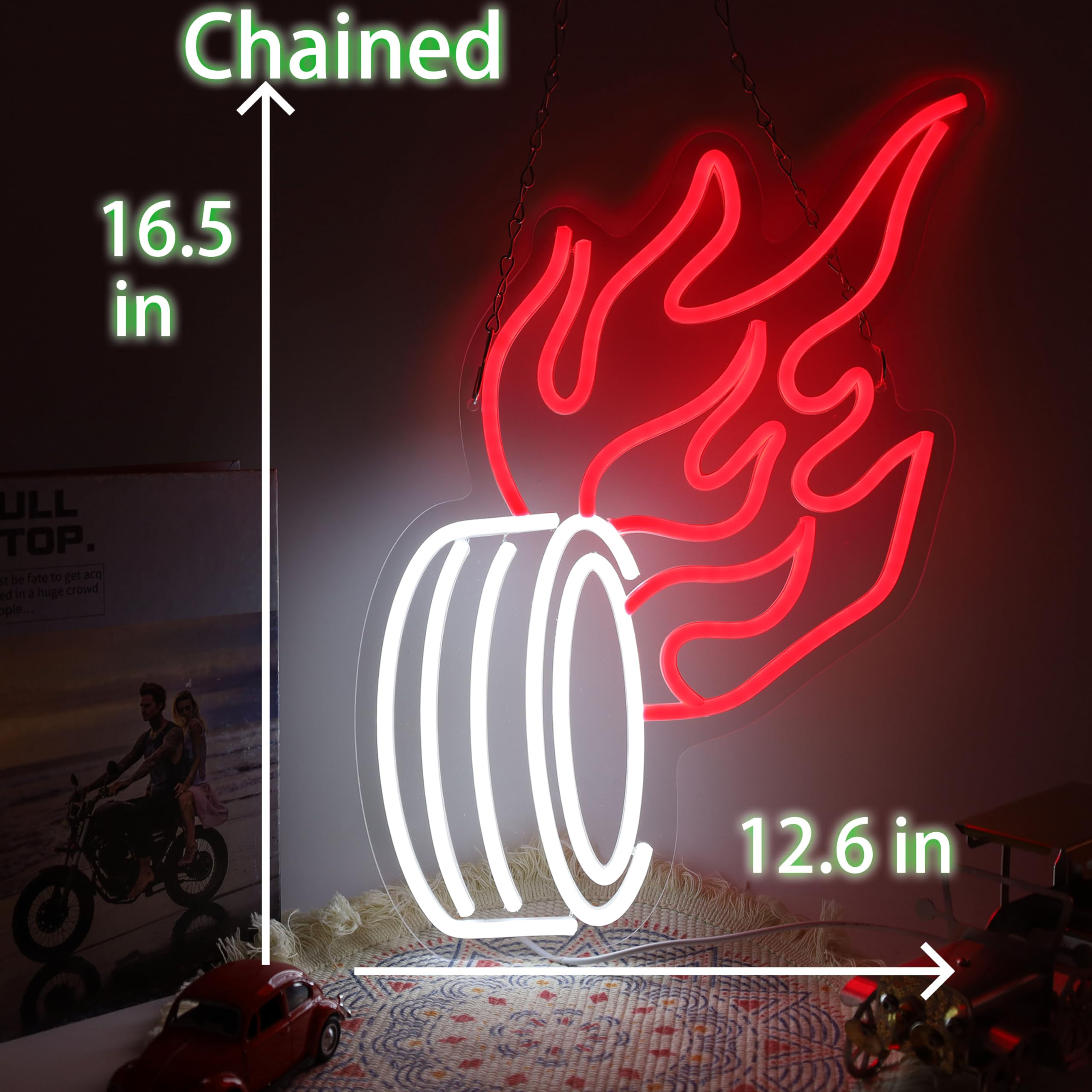LeDigPig Fire Car Neon Sign LED Light Up Wall Art 12.6inx16.5in Wheel-Red Acrylic Decor for Man Cave Garage