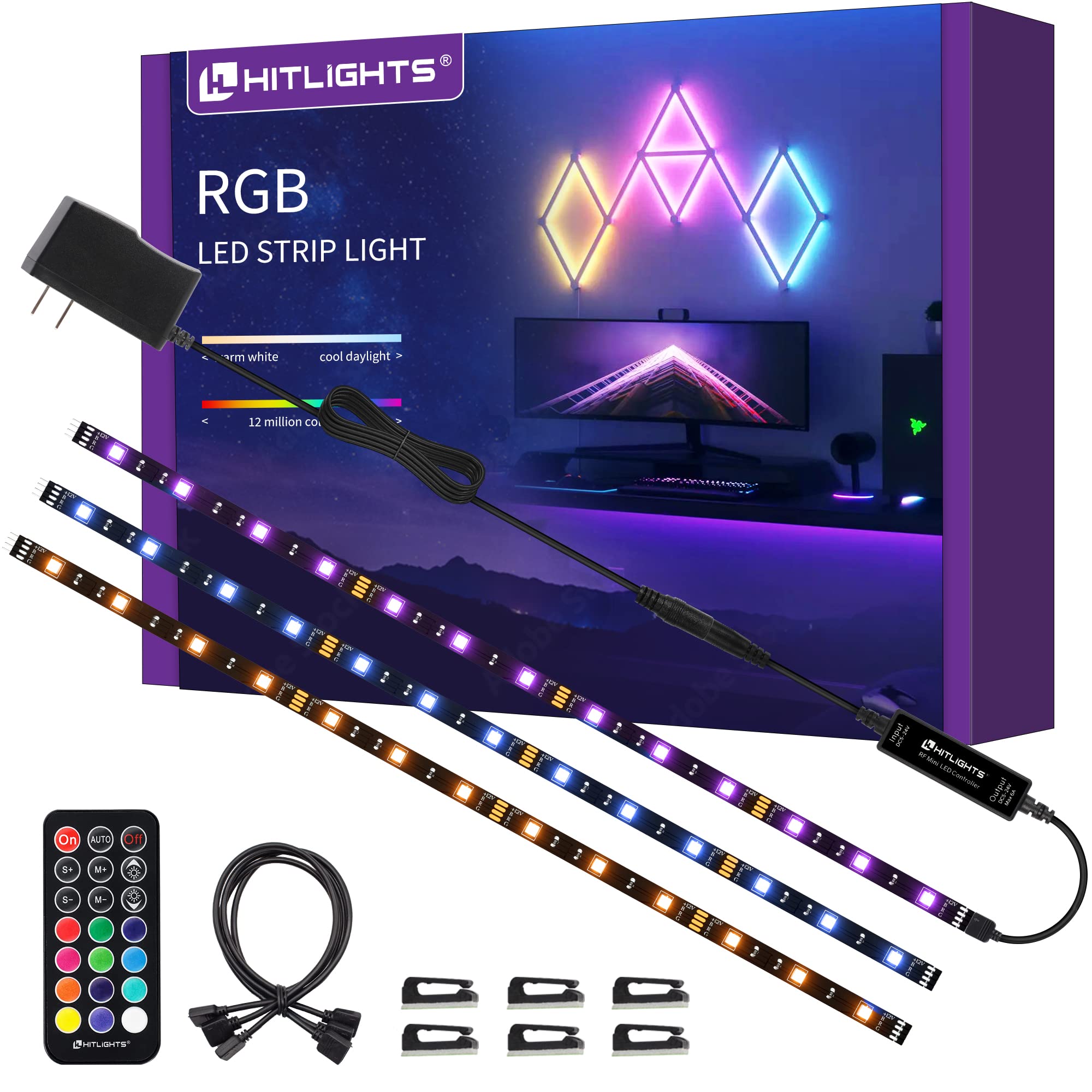HitLights LED Strip Lights Kit, 3 Pcs 1.64FT RGB Dimmable, 5050 Material, Multicolor with RF Remote & UL-Listed Adapter