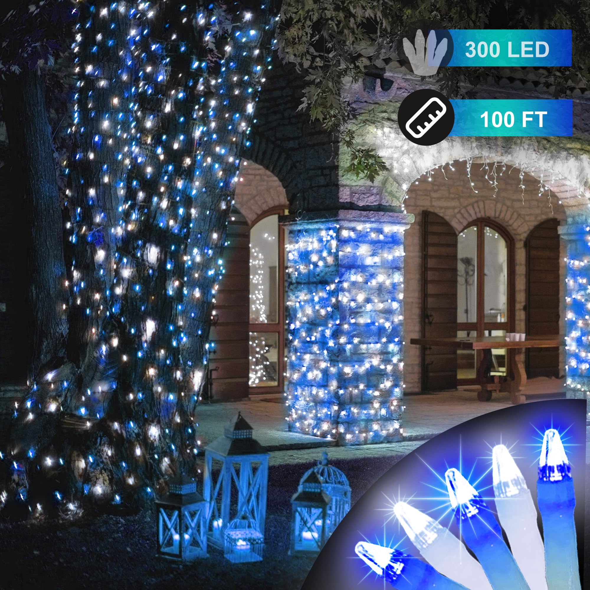 HRANBOTY 300 LED Christmas String Lights, 100 FT, Connectable, Timer & Memory, Blue & White, Indoor Outdoor Fairy Lights