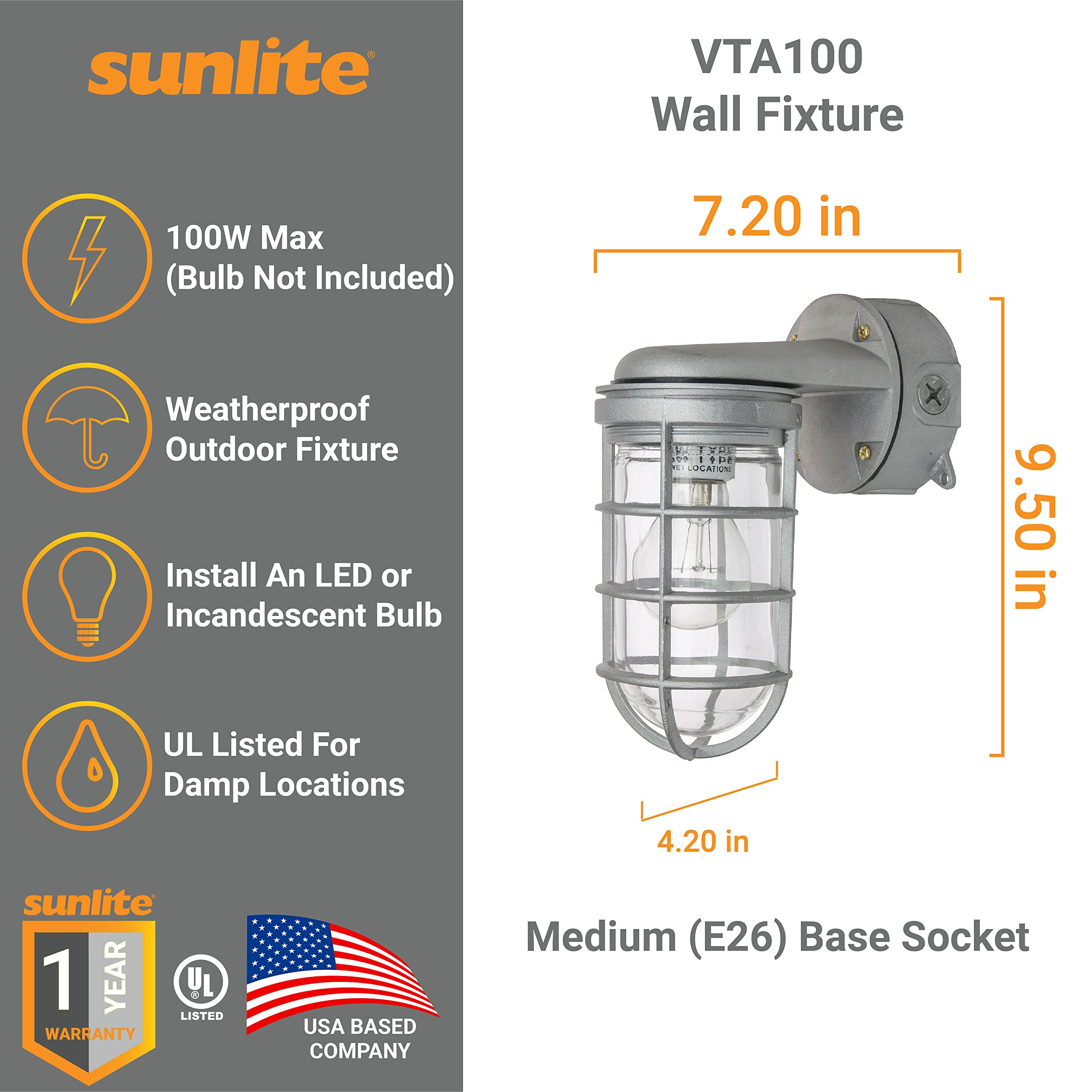 Sunlite Vaporproof Industrial Jar Light Fixture, Medium Base Socket (E26), Wall Mount, 100W Max, 120V, For Security Construction
