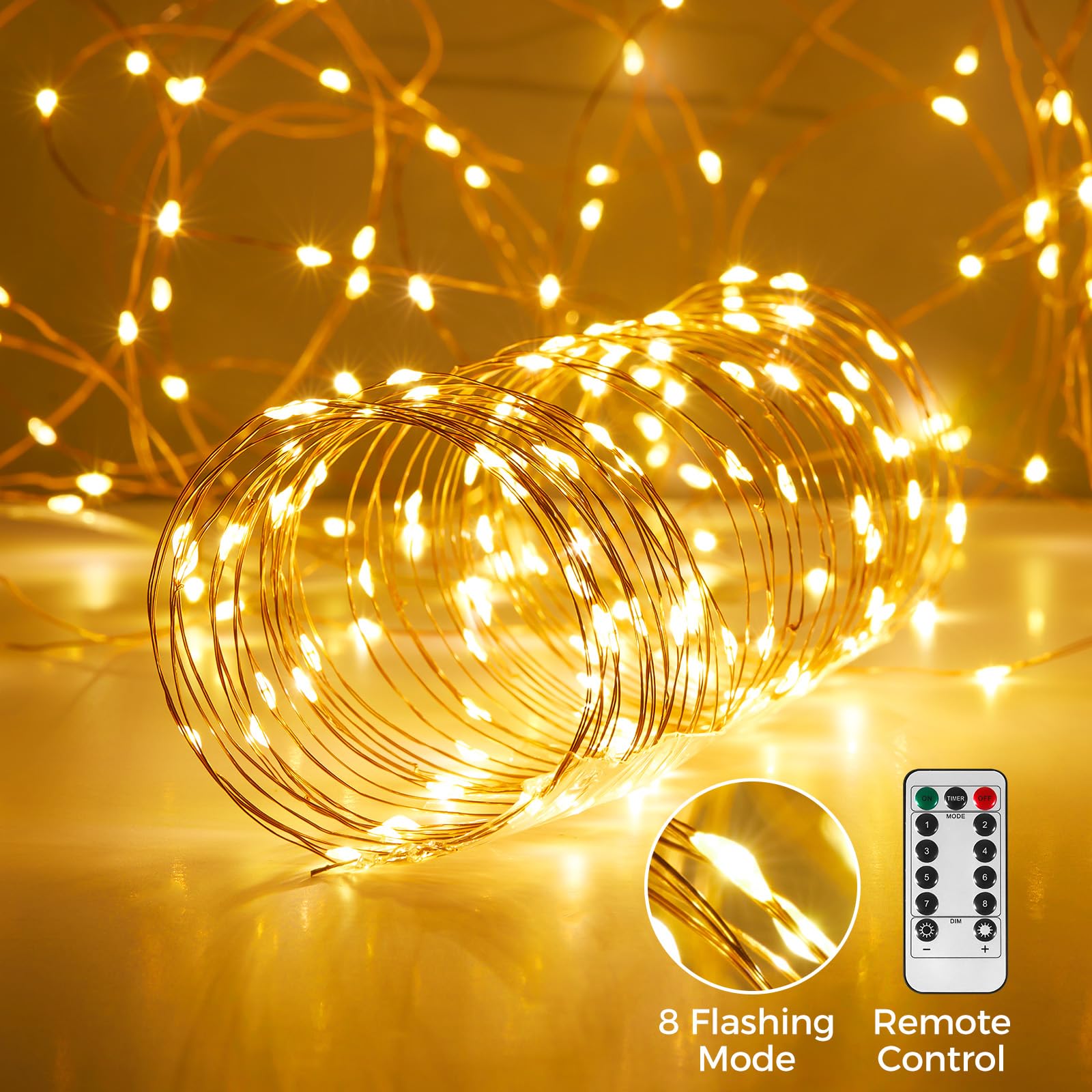 Ariceleo USB Fairy Lights - 100 LED, 65.6ft Warm White, Waterproof, Remote & Timer, Silver Wire, Model QC-GNUSB-200L
