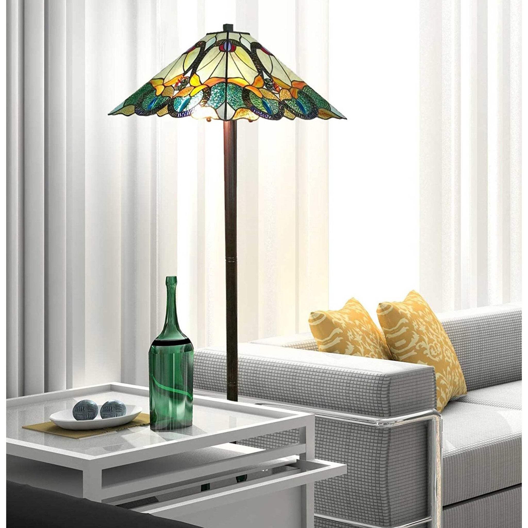 Homeroots Traditional Floor Lamp With Brown & Blue Stained Glass Shade, 62 X 17 X 17 In.