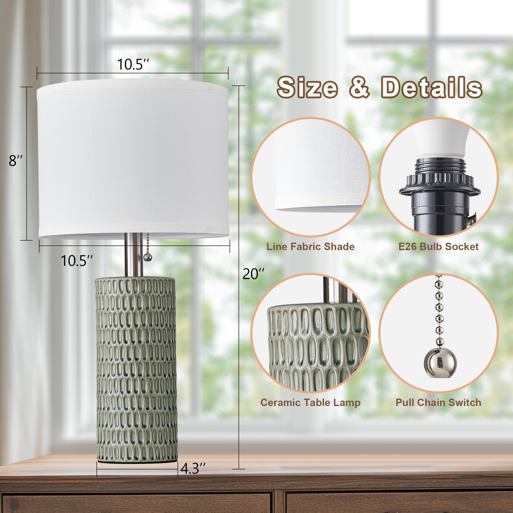 Reaketon Ceramic Table Lamp Set Of 2, 20'' Modern Bedside Lamps For Living Room, Bedroom & Home Office - Pull Chain Nightstand L