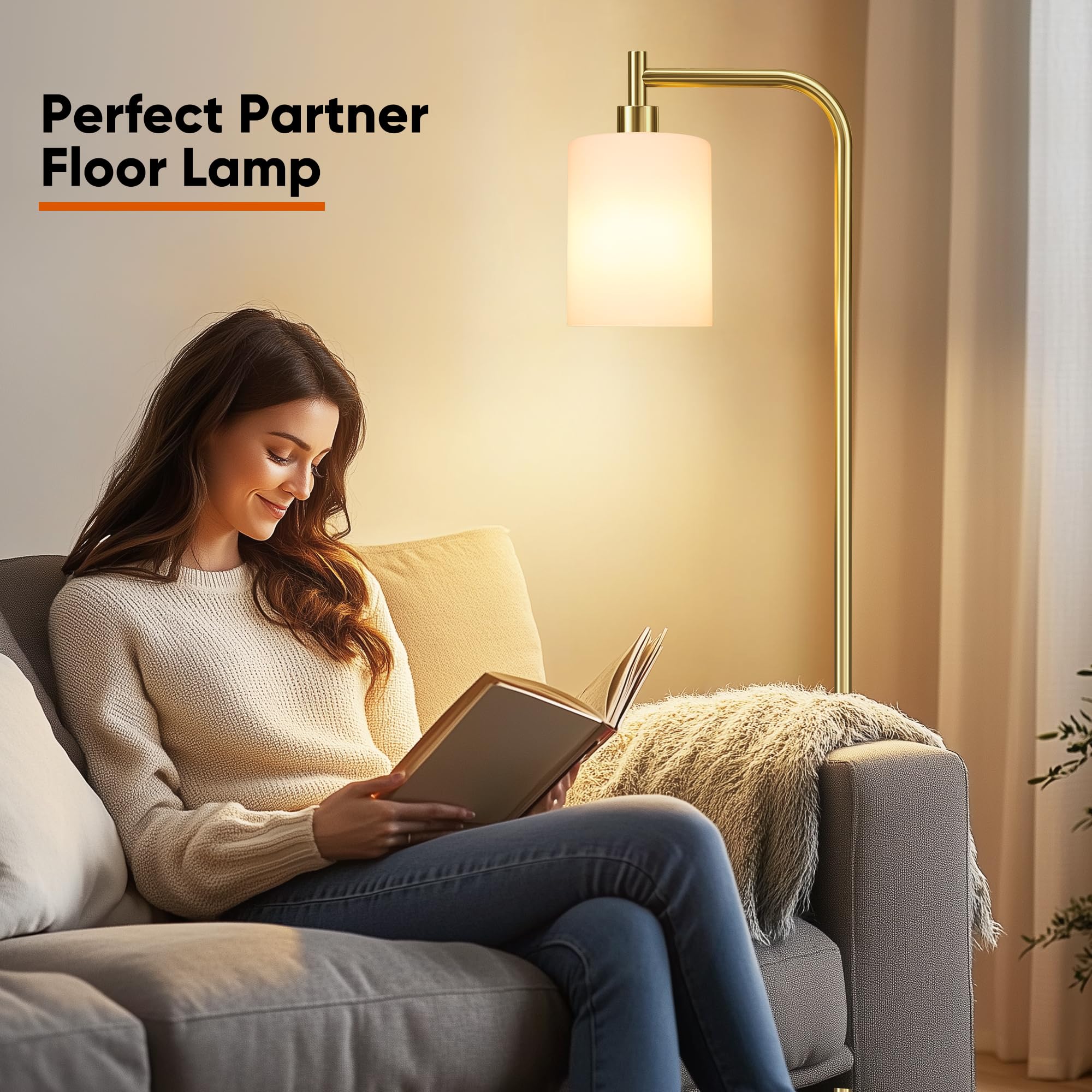 Qimh Floor Lamps For Living Room Bedroom, Gold Modern Lamp With Remote Control & Foot Switch, Industrial Standing Lamp Dimmable