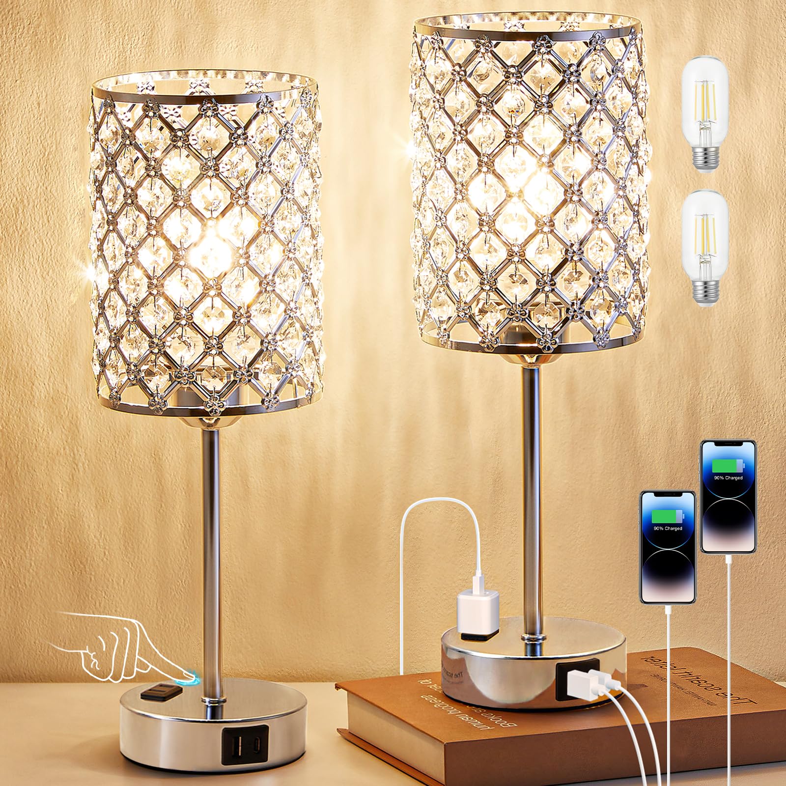 Hong-in Table Lamps Set of 2, Crystal Touch Lamps with USB Ports, 5.1IN, A-Sliver, Model 58b8b5de-8dbe-4