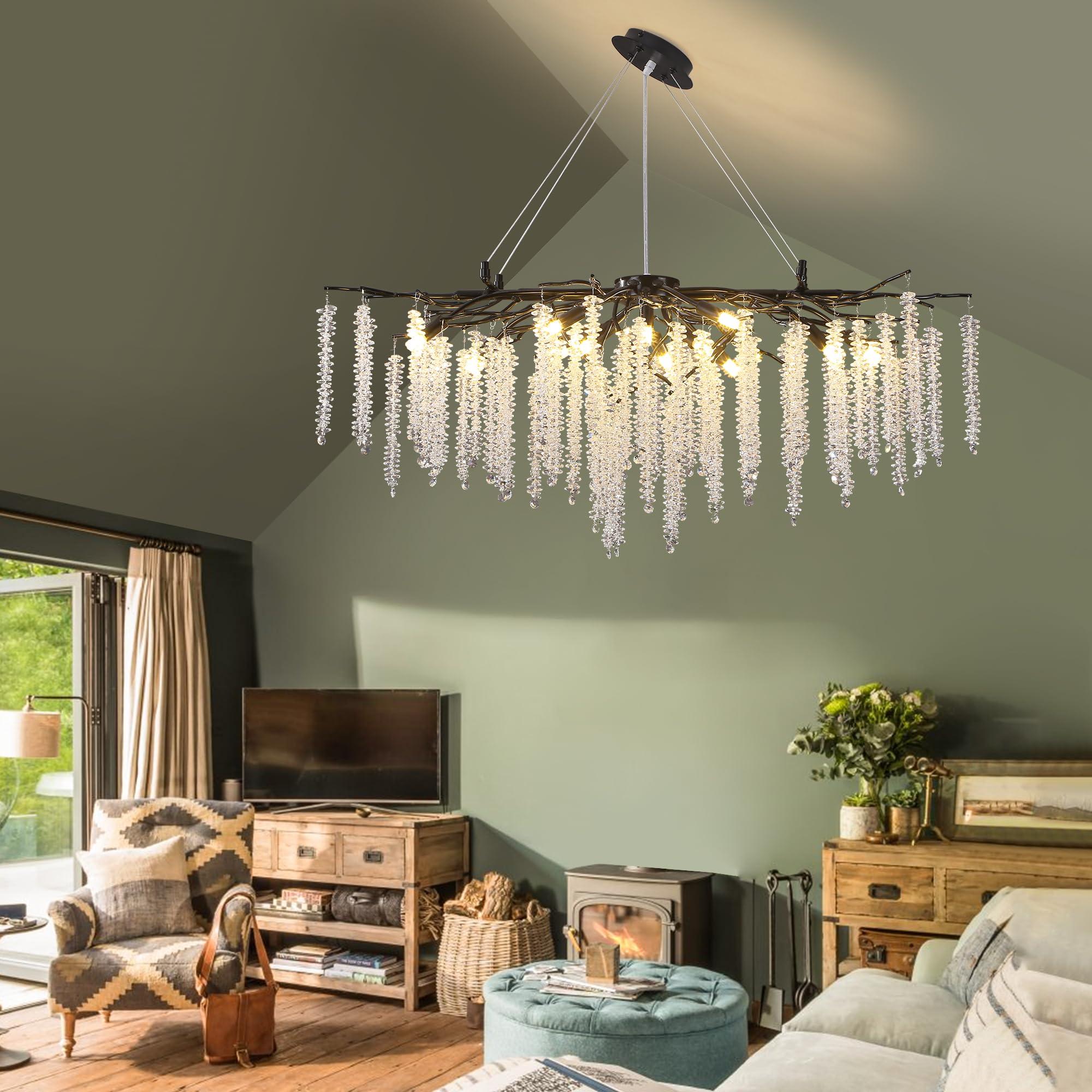 Puvaue Tree Branch Chandelier L39.5 Inch Black Luxury Rectangular Crystal Raindrop Pendant Light 12 Lights Kitchen Island Hangin