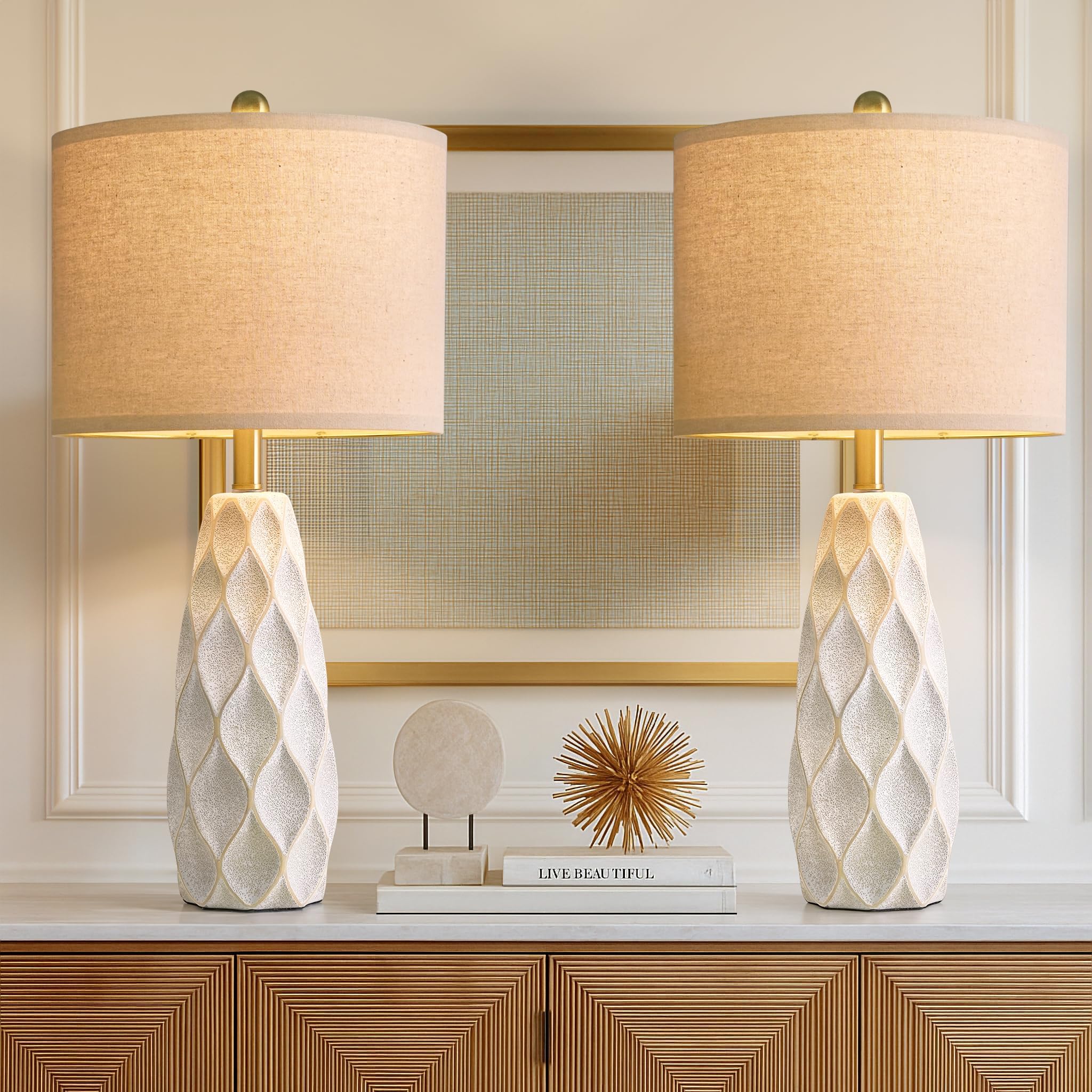 PORTRES 27.5" Ceramic Table Lamps Set of 2, White Modern Boho Nightstand Lighting for Living Room & Bedroom, Model 1230
