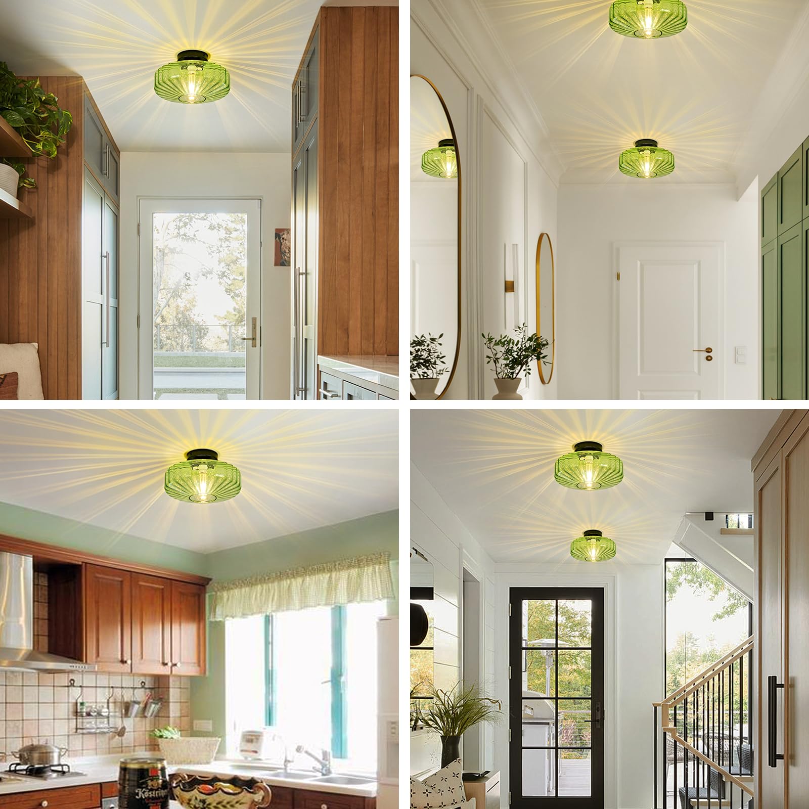 Mazu House Glass Semi Flush Ceiling Light - Vintage Mid Century - 12 in Green Drum Fixture - Model DDXD09-LS-30cm