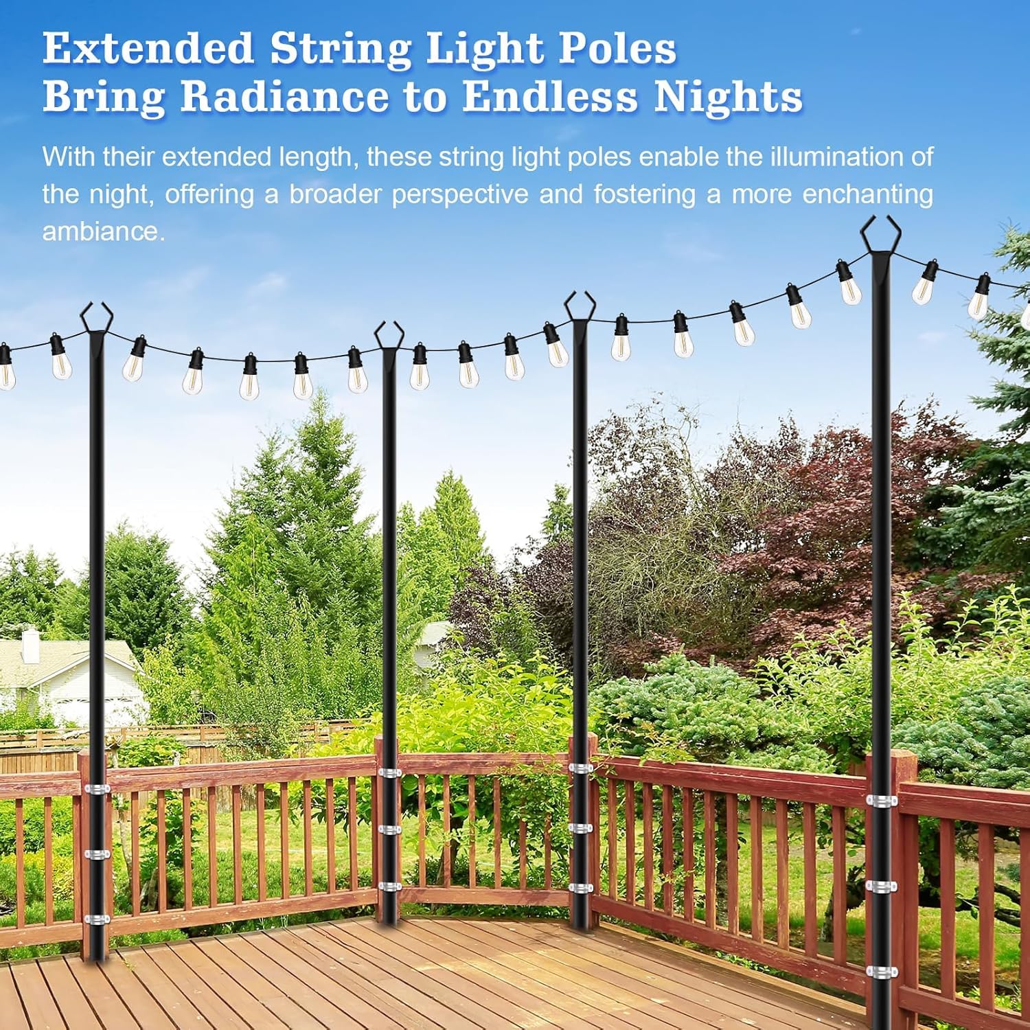 SINLEY String Light Poles, 10 Ft Metal Poles with Fork, 10 Pack, Black for Outdoor Use, Patio, Deck, Garden, Party