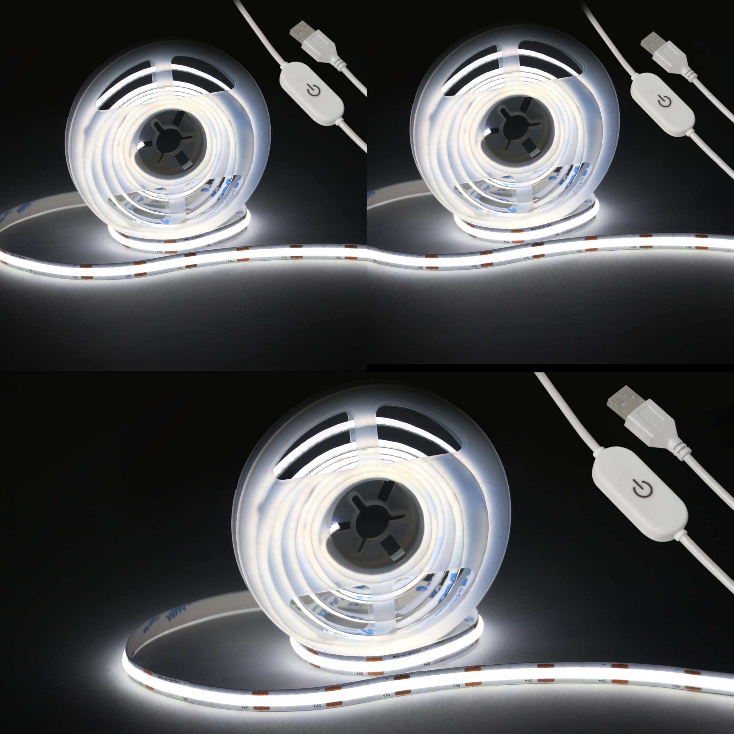 UVTaoYuan Led Band Lights 5V USB 6.56ft/2m 640 LEDs Touch stepless Dimmable USB COB LED Band Light 6500K White 10W Flexible 5v led for Bedroom Kitchen Room Decor 3D Printing Lighting (3Pack)