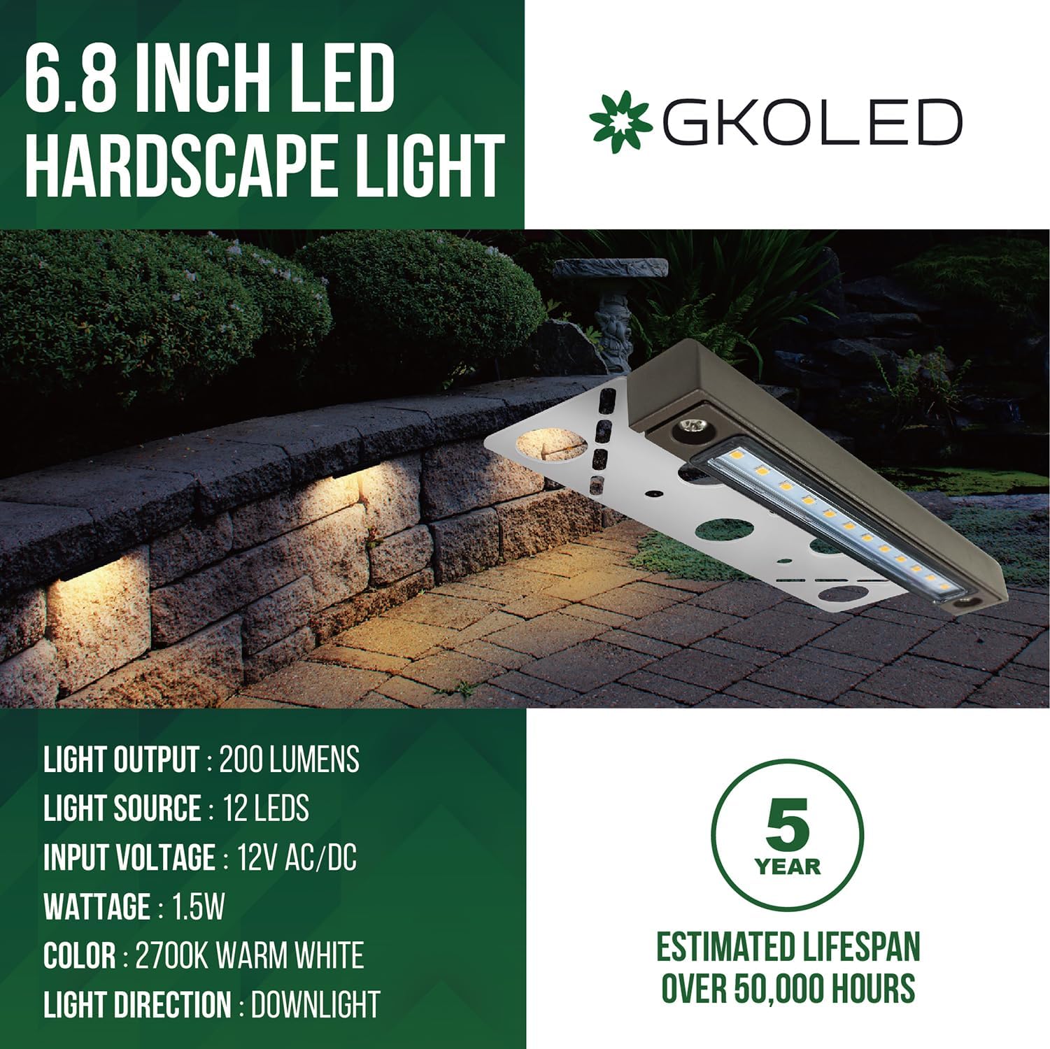Gkoled 8-Pack Led Hardscape Lights, 6.8&quot; Low Voltage Outdoor Step Lights, Dark Bronze