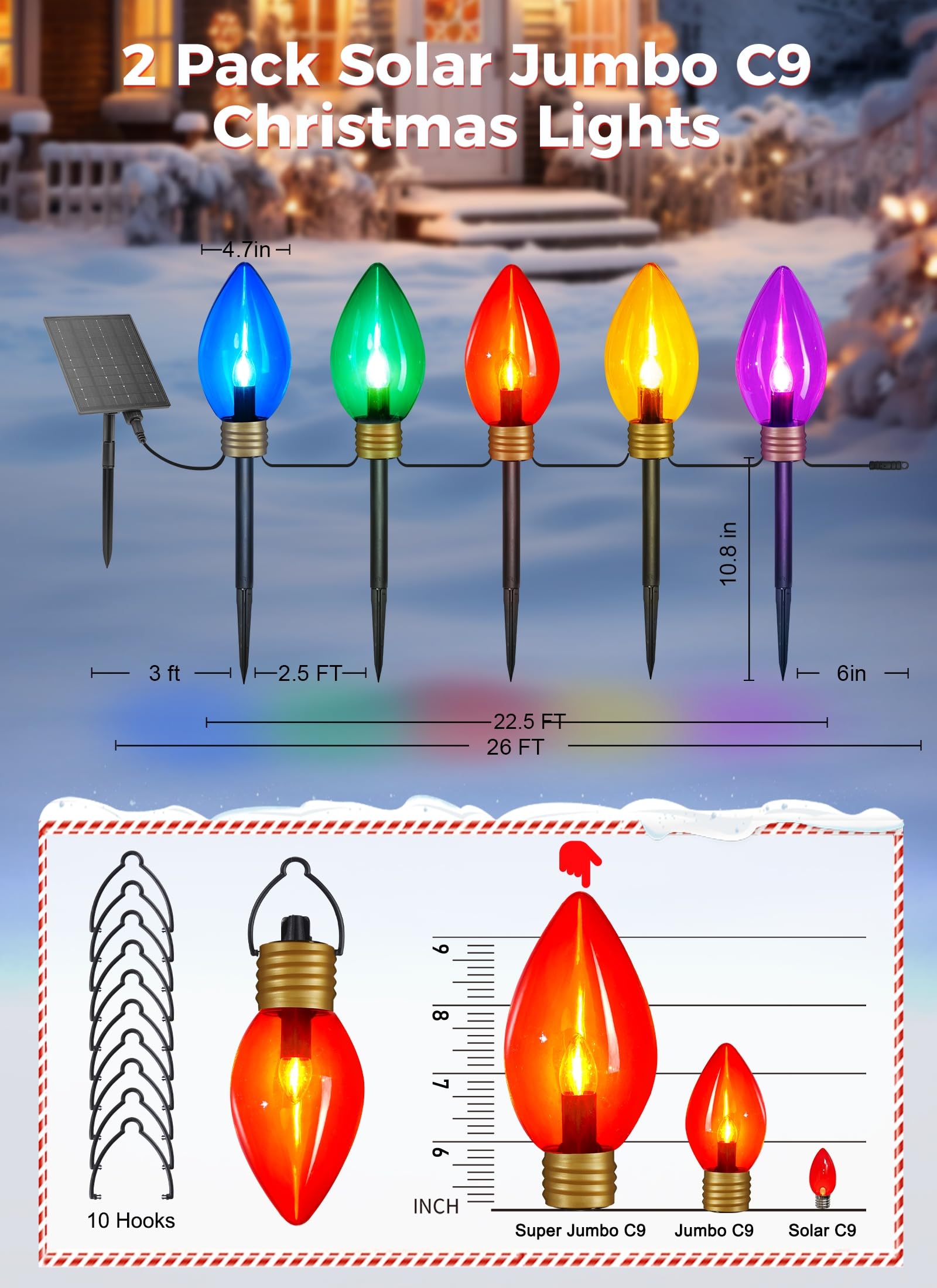 Brightown Solar Super Jumbo Christmas Lights Outdoor - 2 Pack Total 44 Ft 20 Led Jumbo C9 Christmas Pathway Lights With Timer, 8