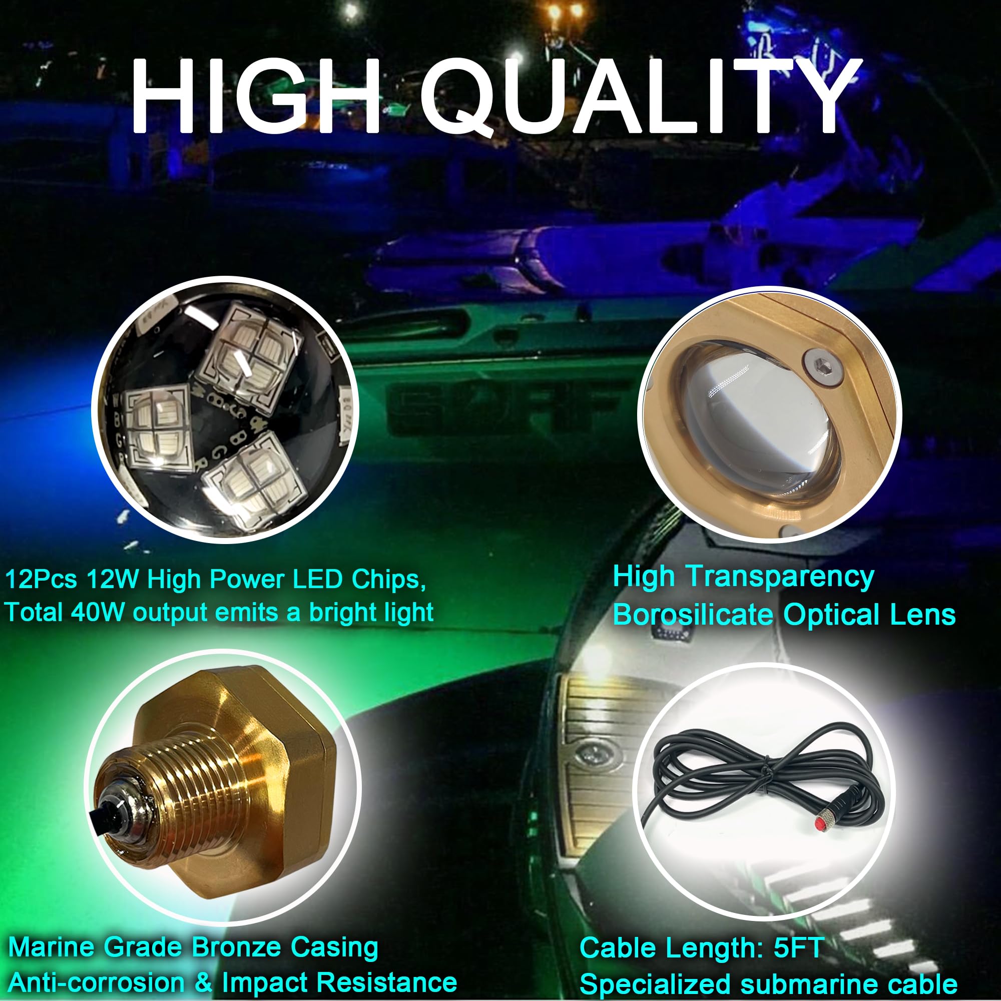 Kingshowstar Boat Drain Plug LED Light, 2 Pcs, 1/2in NPT, Green, Corrosion Resistance Bronze Housing, 40W, 4100LM, RF Remote