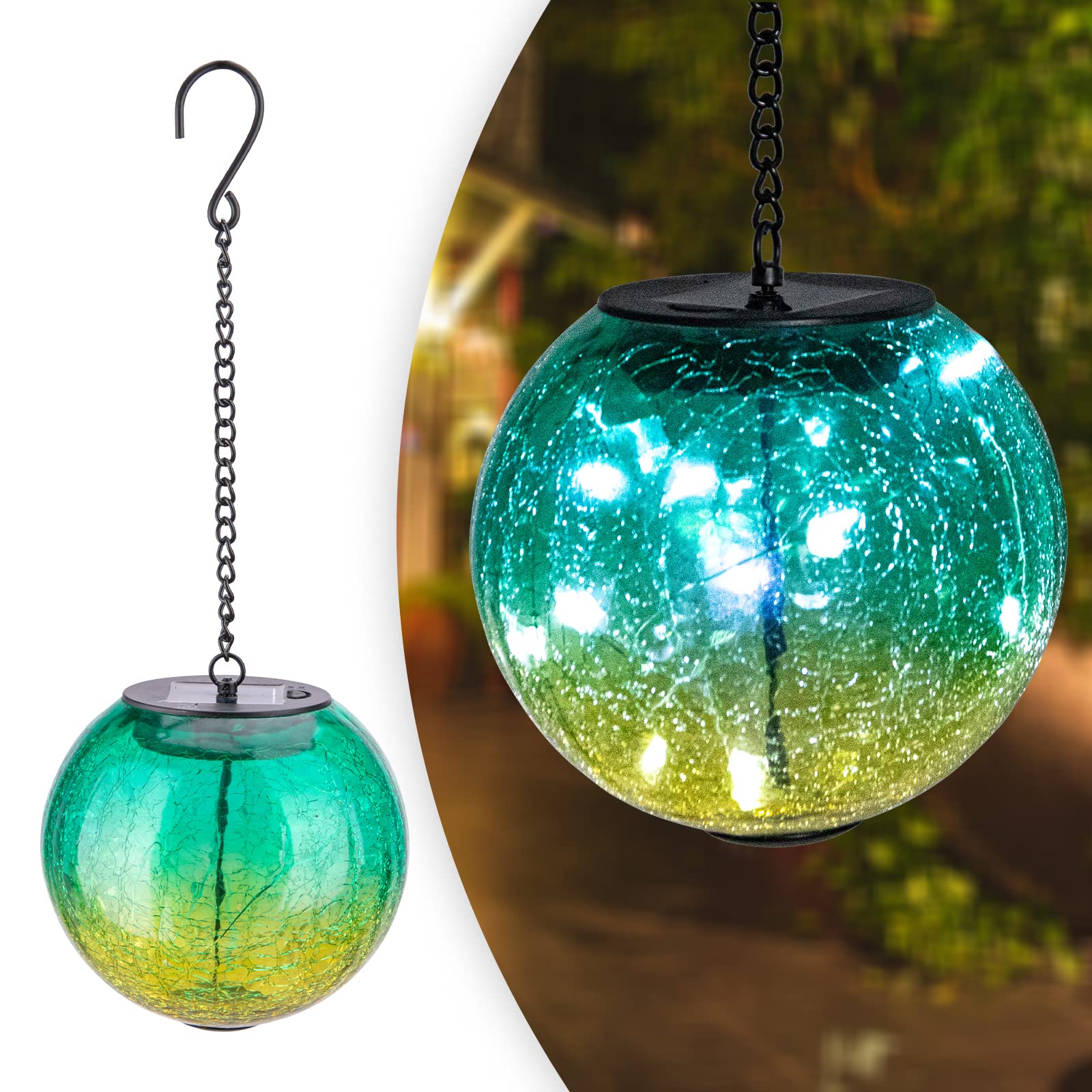 Wonder Solar Green Hanging Solar Lanterns - Waterproof Led Cracked Glass Ball Lights For Outdoor Decor