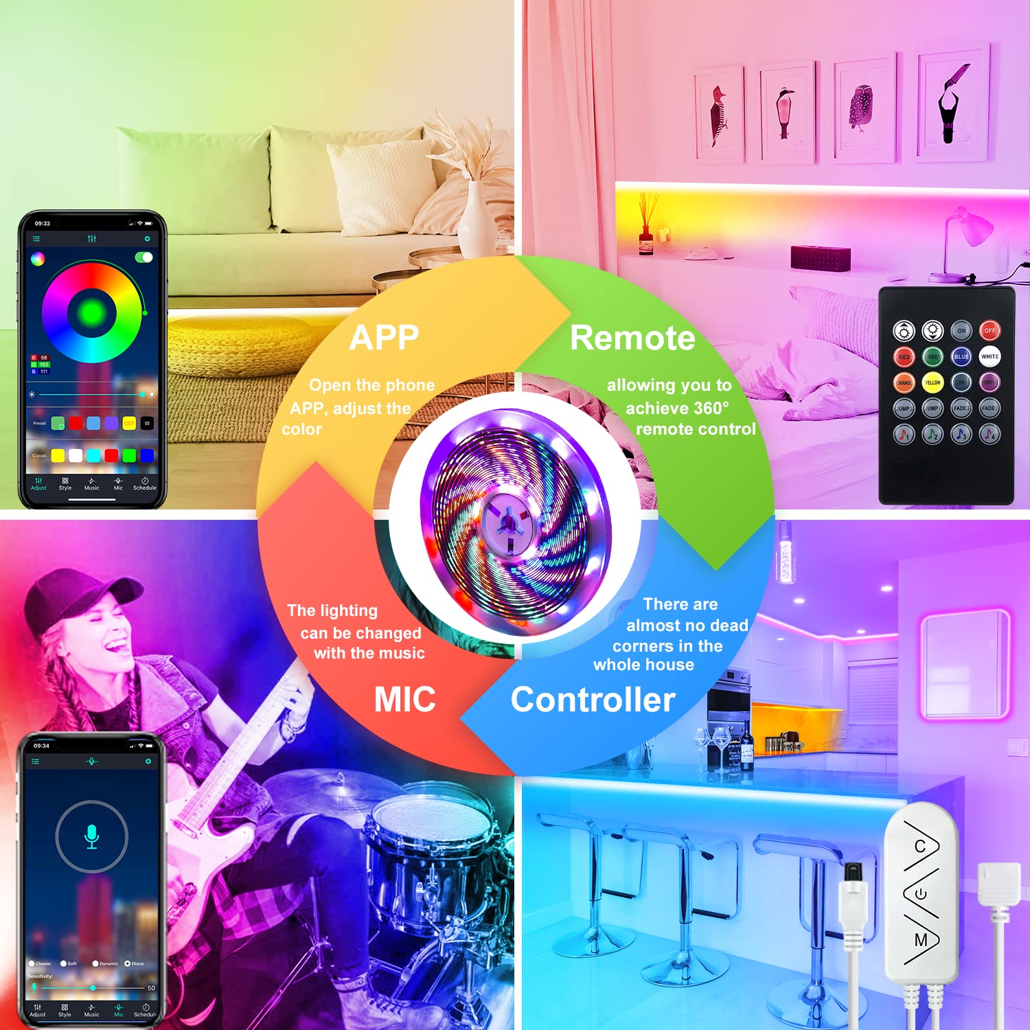 Micomlan 16Ft/5M Led Strip Lights, Controller And Bluetooth App Controlled Rope Lighting For Bedroom Home Decoration, Music Sync