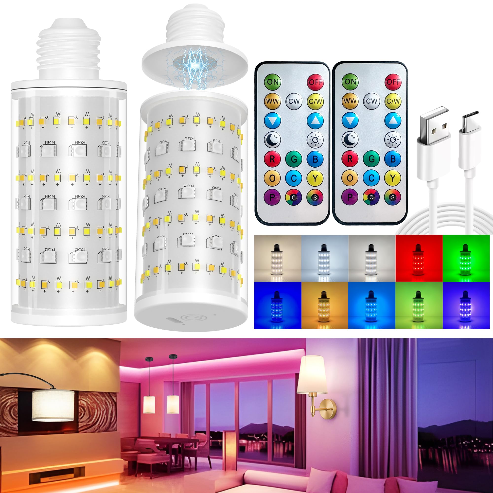Battery Operated Light Bulb With Remote Control, 2 Pack Rechargeable Light Bulbs 360 Lighting For Non-Hardwired Lamp, 10000Mah R