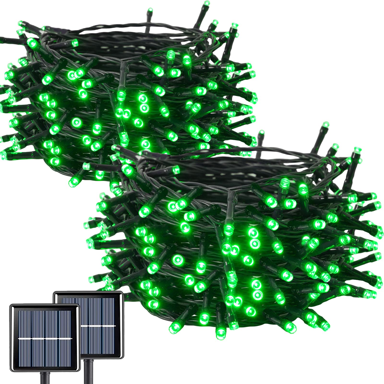 QITONG Green Solar String Lights, 200 LED, 66ft Each, 2 Pack, Waterproof, 8 Modes, Copper Wire