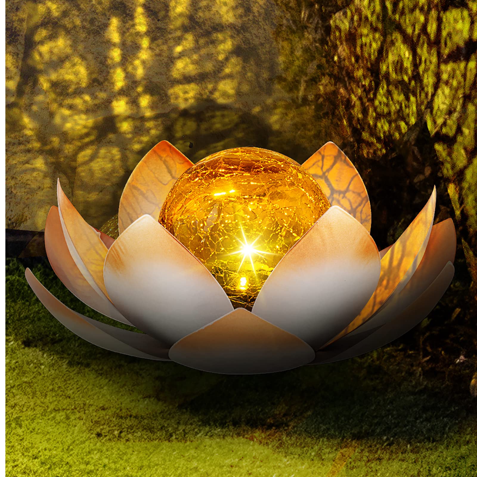 Huaxu Solar Lights Outdoor Garden Decorative Art Metal Lotus Cracked Glass Ball Waterproof Decorations for Pathway Lawn Patio Ya
